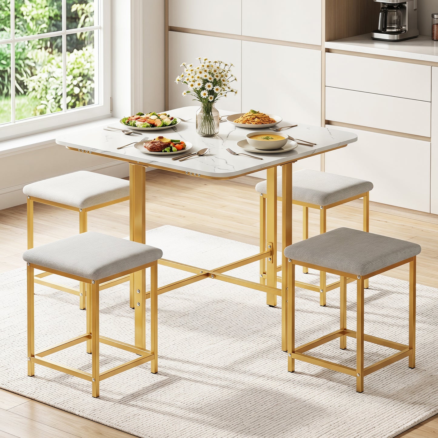 Ensemble de table à manger avec 4 tabourets rembourrés, blanc et or