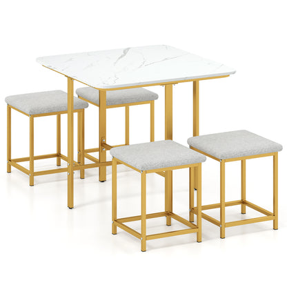Ensemble de table à manger avec 4 tabourets rembourrés, blanc et or