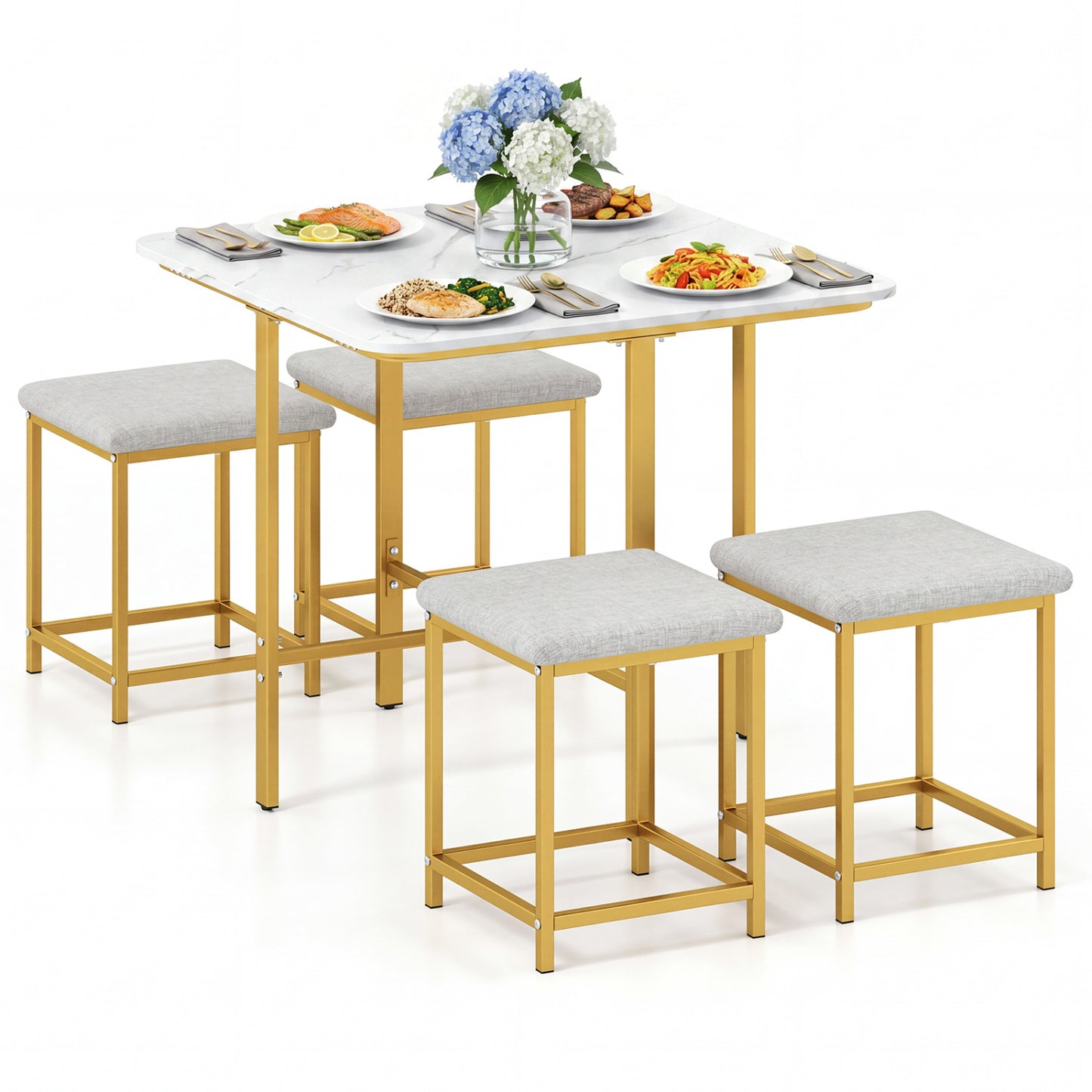 Ensemble de table à manger avec 4 tabourets rembourrés, blanc et or