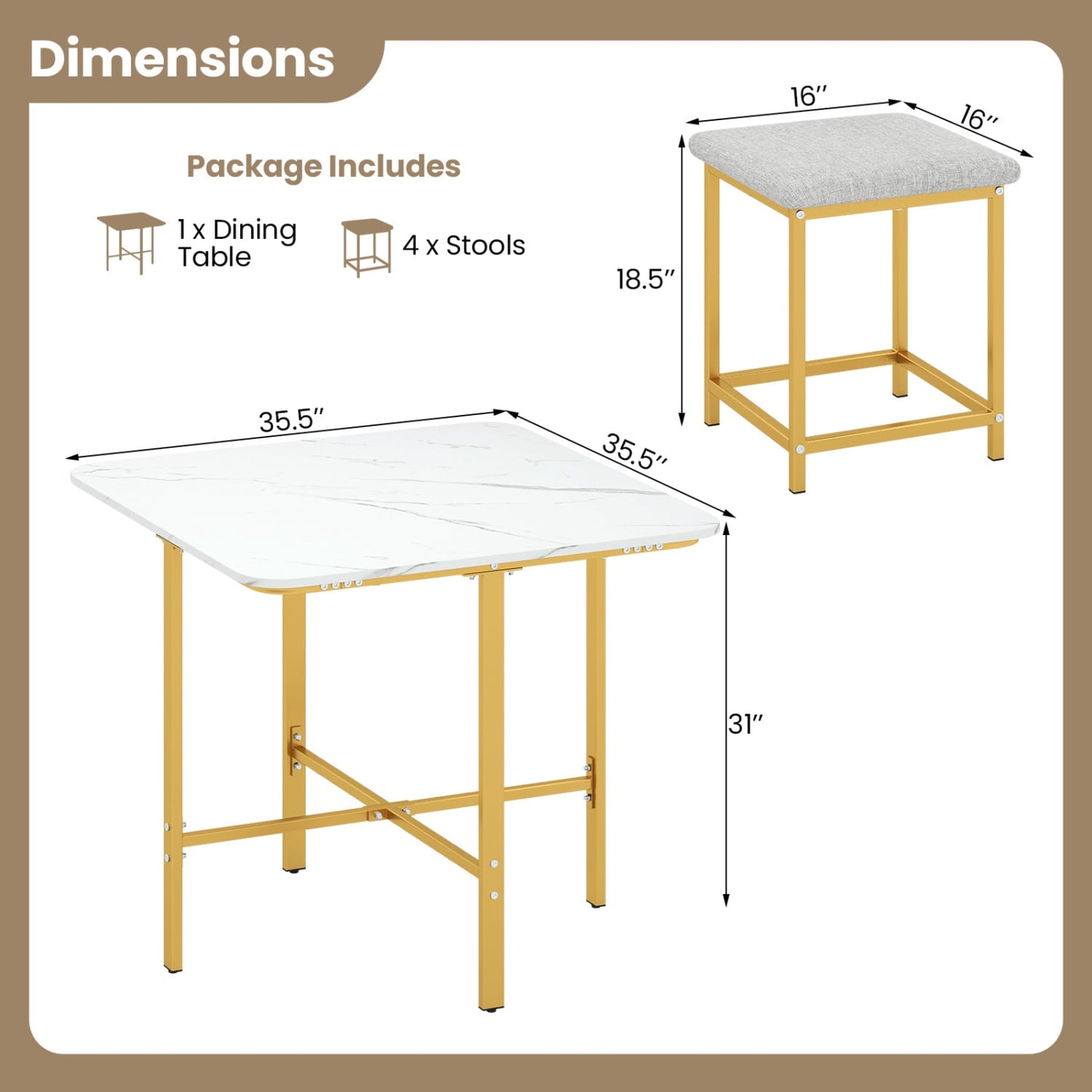 Ensemble de table à manger avec 4 tabourets rembourrés, blanc et or