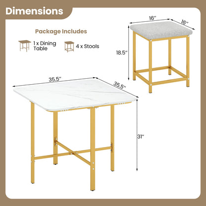 Ensemble de table à manger avec 4 tabourets rembourrés, blanc et or
