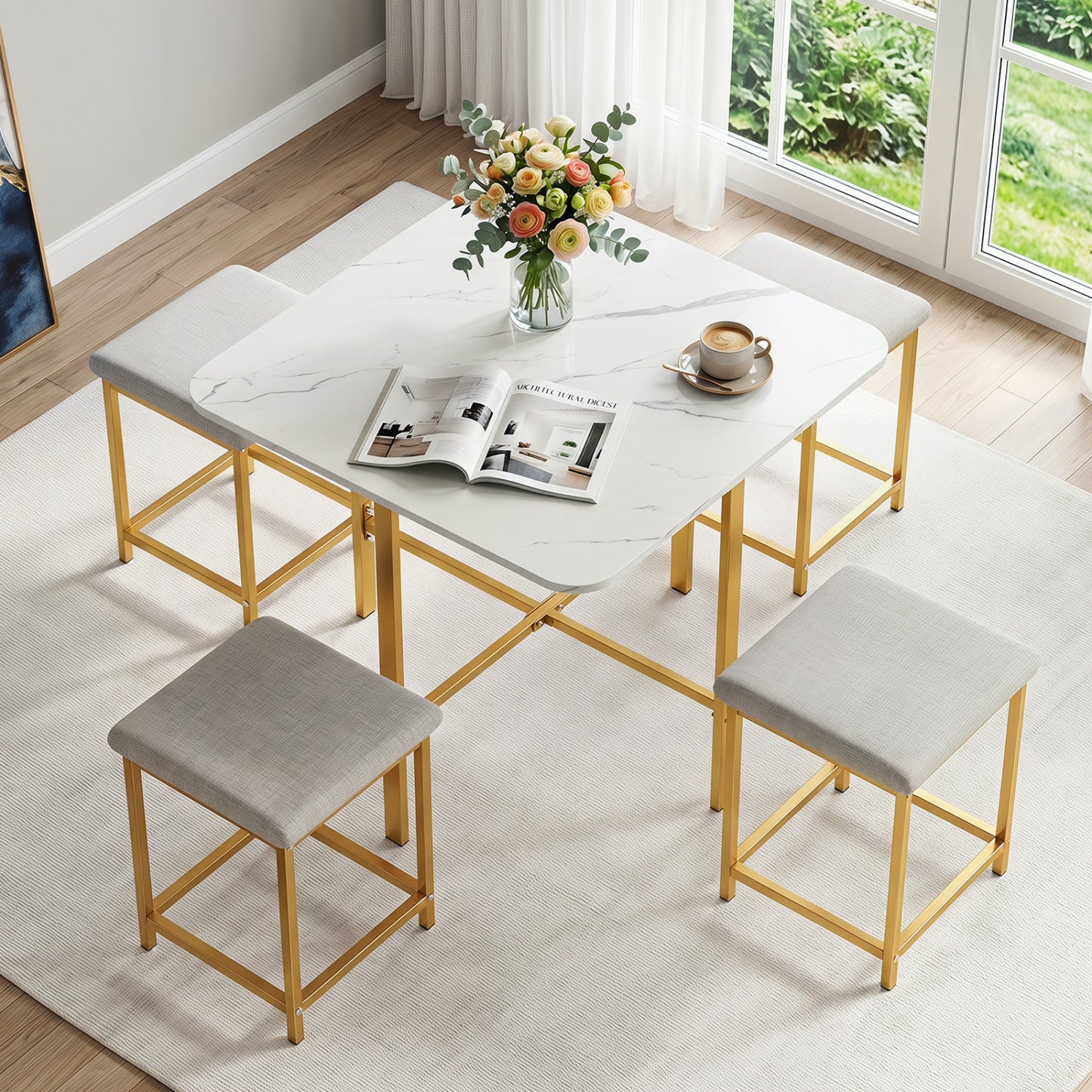 Ensemble de table à manger avec 4 tabourets rembourrés, blanc et or