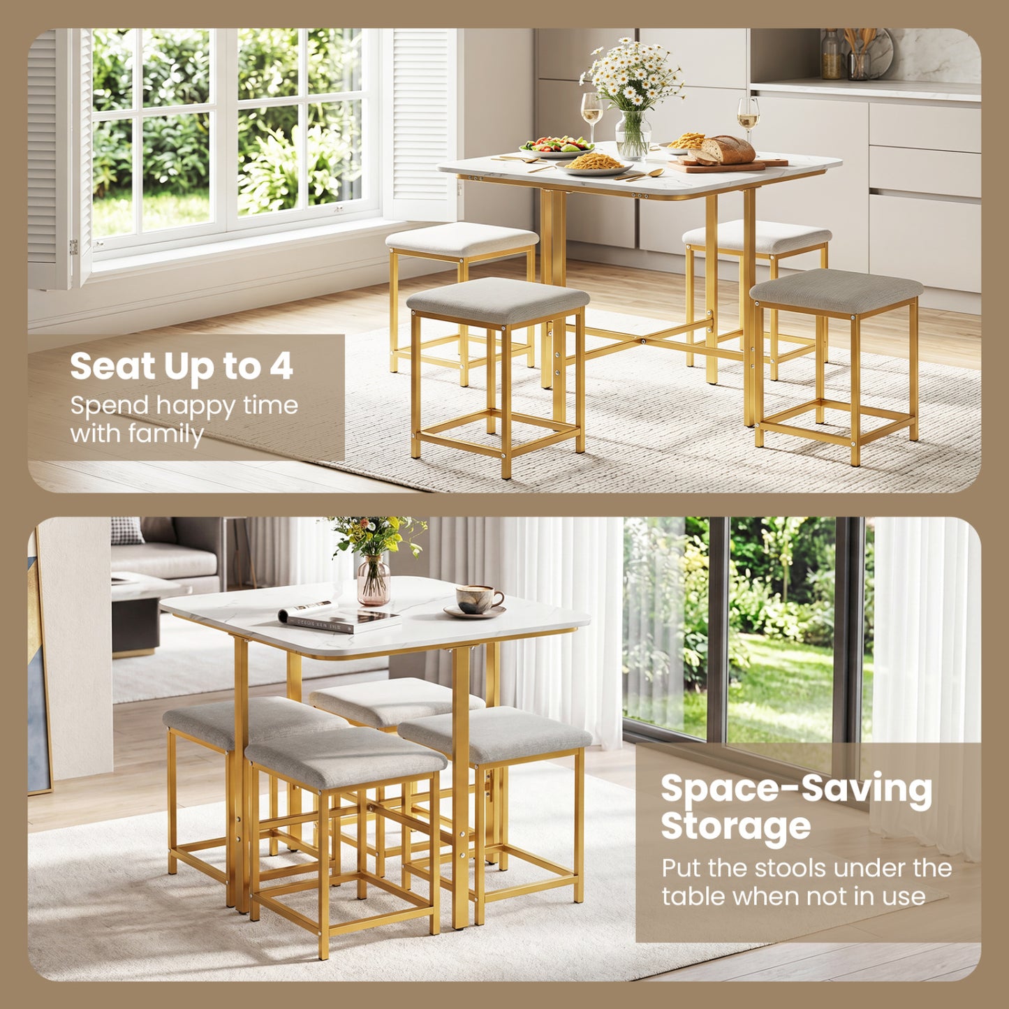 Ensemble de table à manger avec 4 tabourets rembourrés, blanc et or