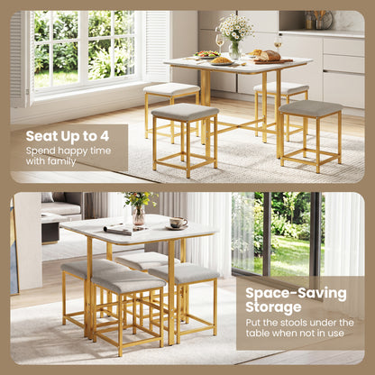 Ensemble de table à manger avec 4 tabourets rembourrés, blanc et or