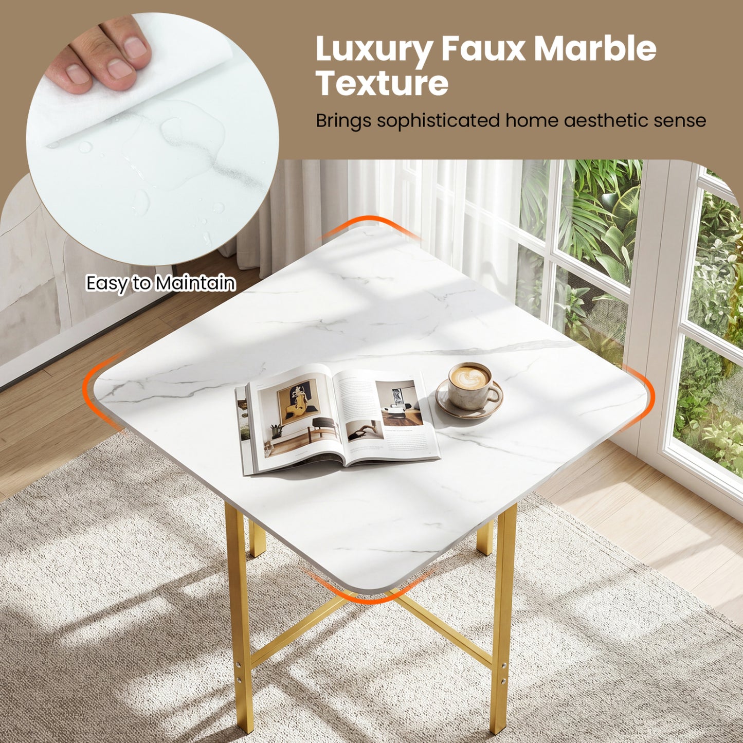 Ensemble de table à manger avec 4 tabourets rembourrés, blanc et or