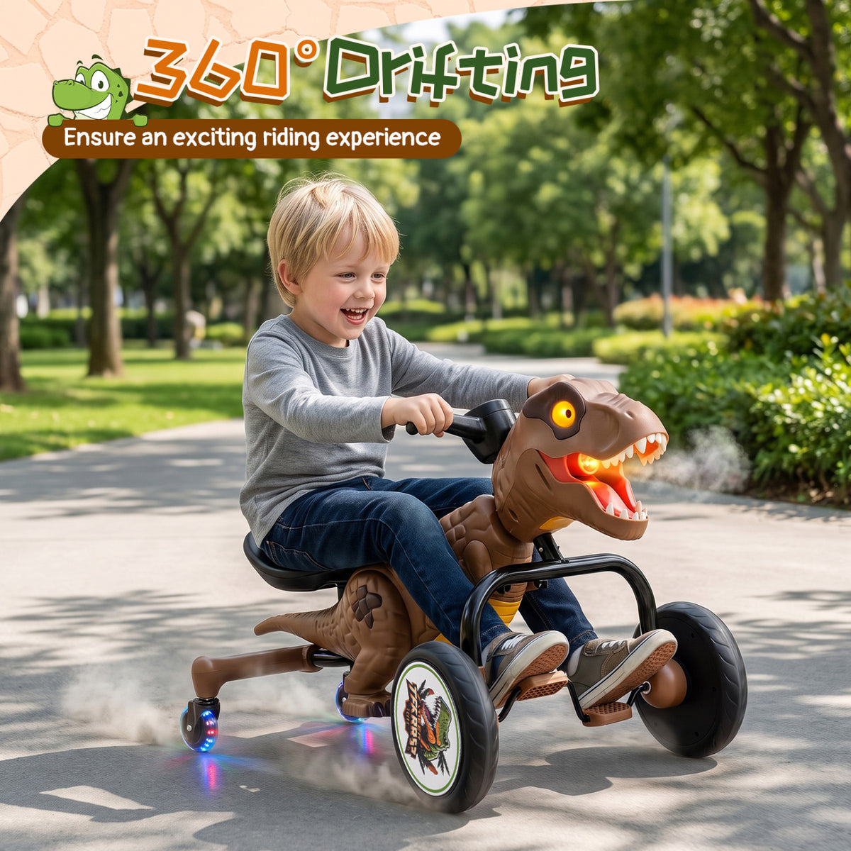 Dinosaur Drift Tricycle Lights Spray 360 Spin, Brown Push & Pedal Ride On Toys at Gallery Canada