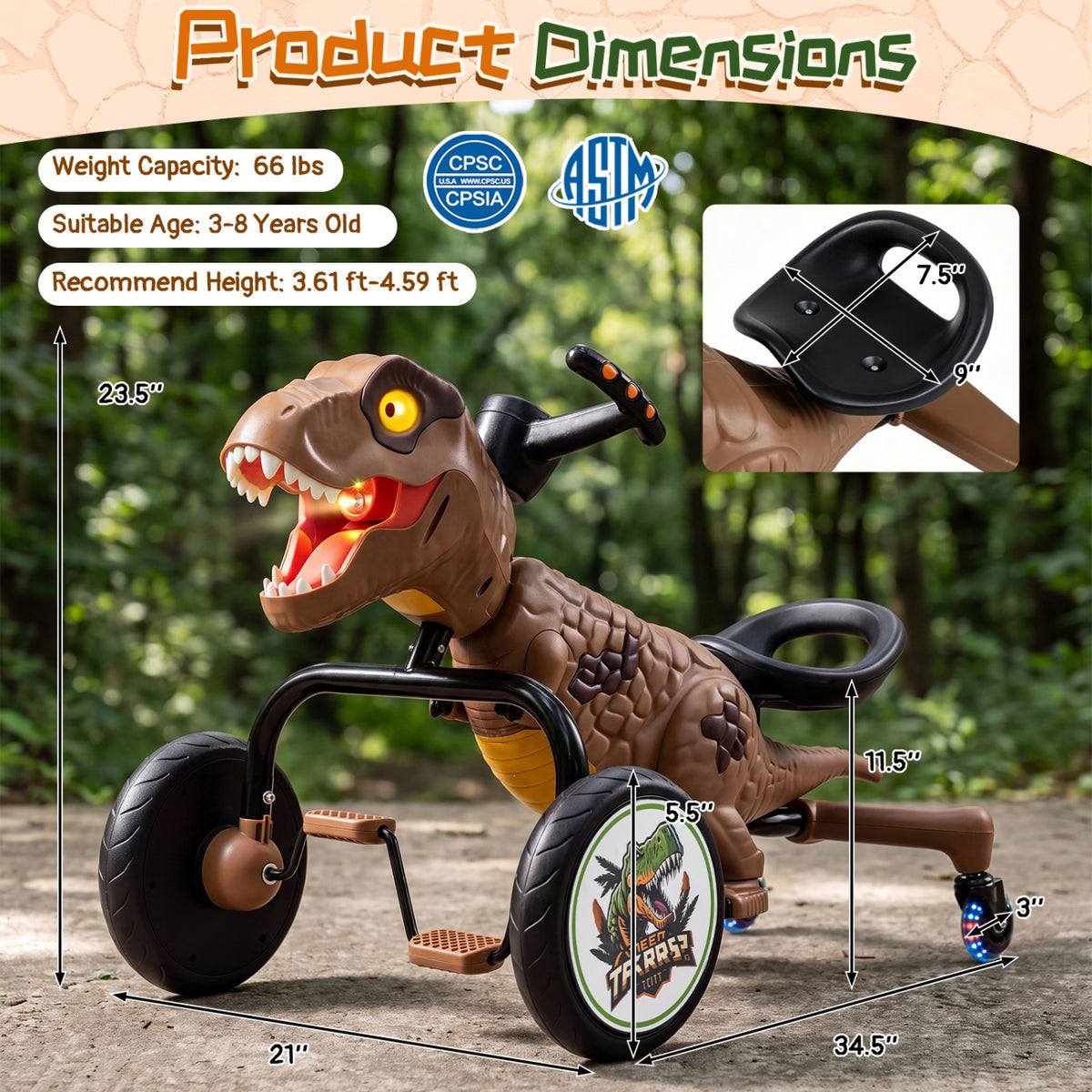 Dinosaur Drift Tricycle Lights Spray 360 Spin, Brown Push & Pedal Ride On Toys at Gallery Canada