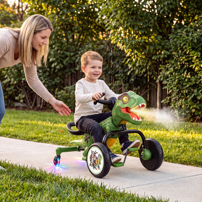 Dinosaur Drift Tricycle, 360-Degree Spin, Lights, Spray, Green