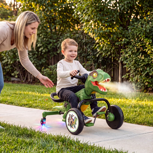 Dinosaur Drift Tricycle, 360-Degree Spin, Lights, Spray, Green