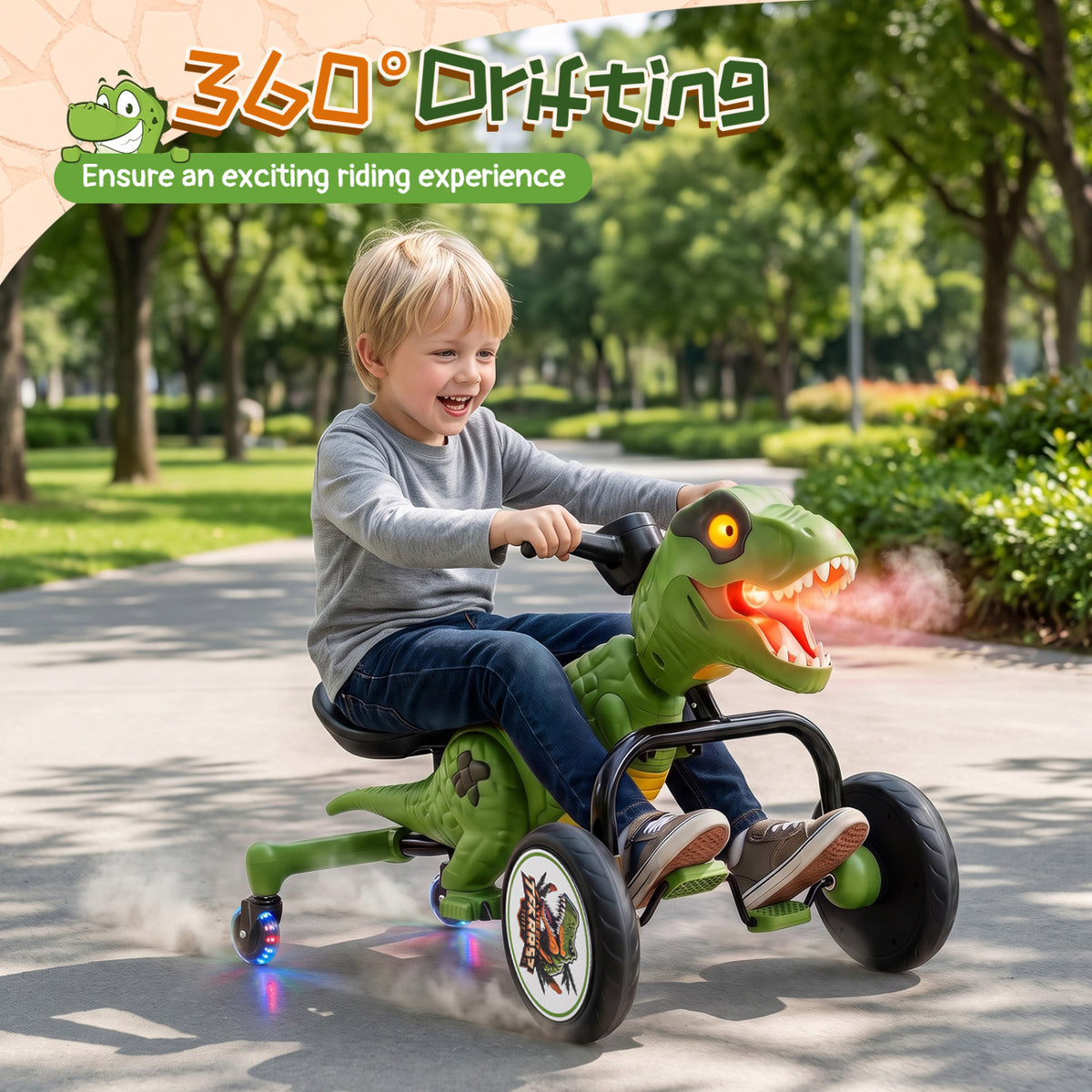 Dinosaur Drift Tricycle, 360-Degree Spin, Lights, Spray, Green