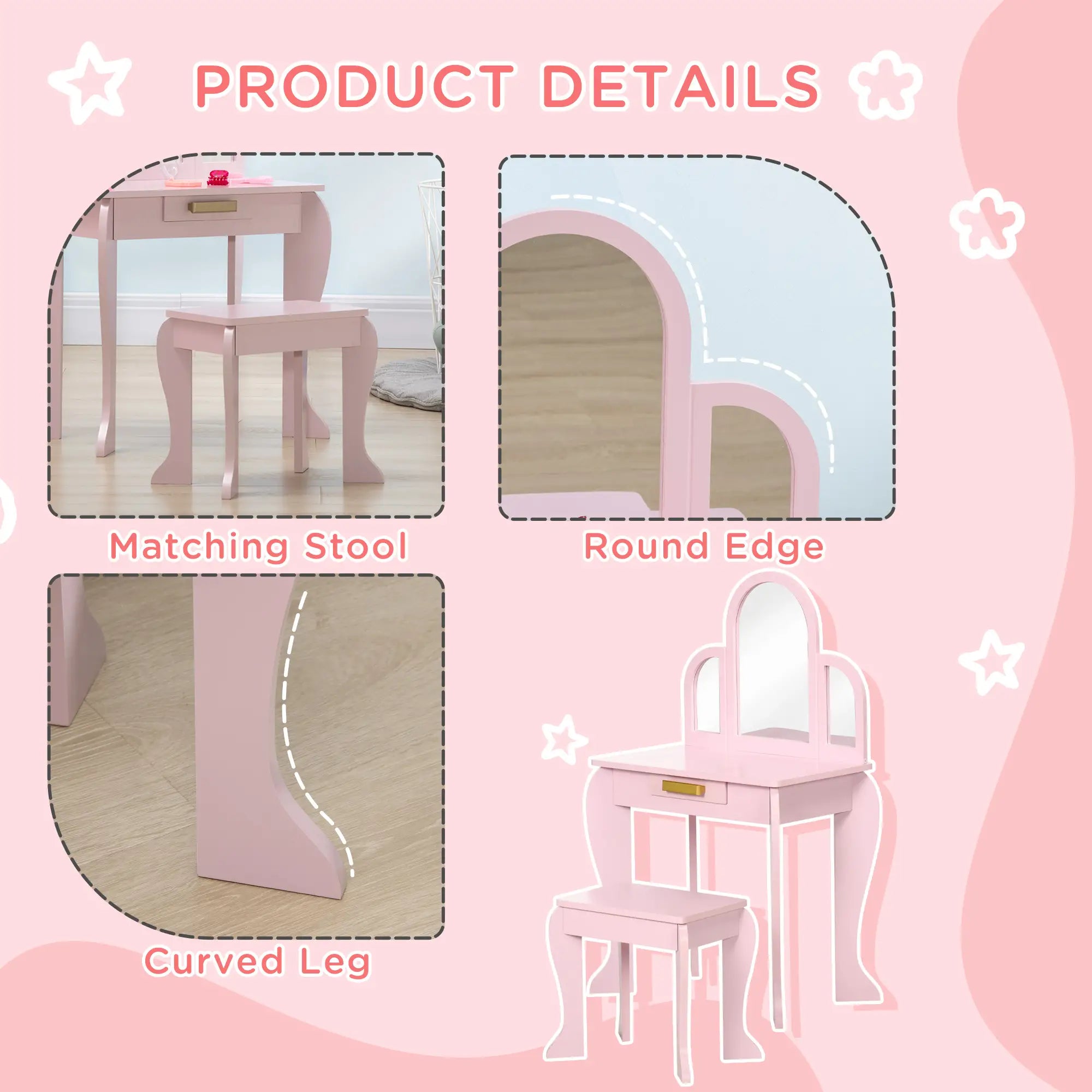 Kids Dressing Table and Chair Set, Makeup Desk with Drawer, 3-6 Years, Pink Kids Bedroom Furniture at Gallery Canada