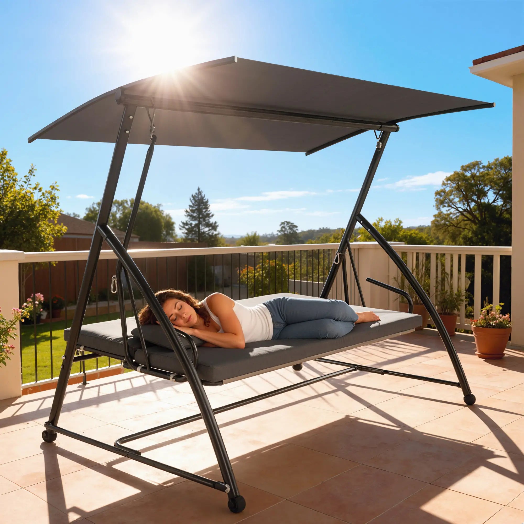3 Person Patio Swing Chair, Convertible Hammock, Outdoor Lounge Bed, Dark Grey Porch Swings with Canopy at Gallery Canada
