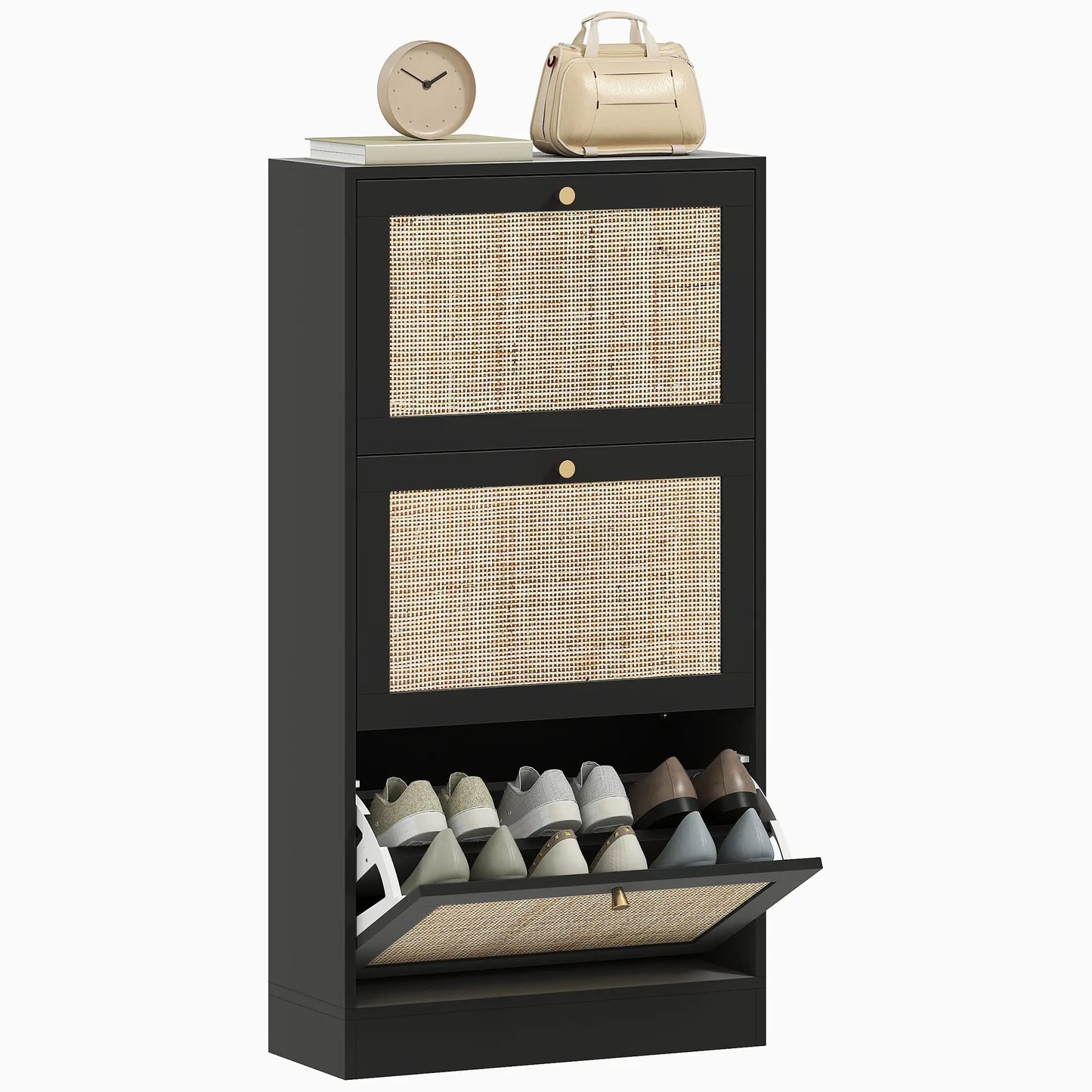 Rattan Shoe Storage Cabinet, 3 Flip Drawers, Adjustable Shelves, 18 Pairs, Black Shoe Storage Cabinets & Racks at Gallery Canada