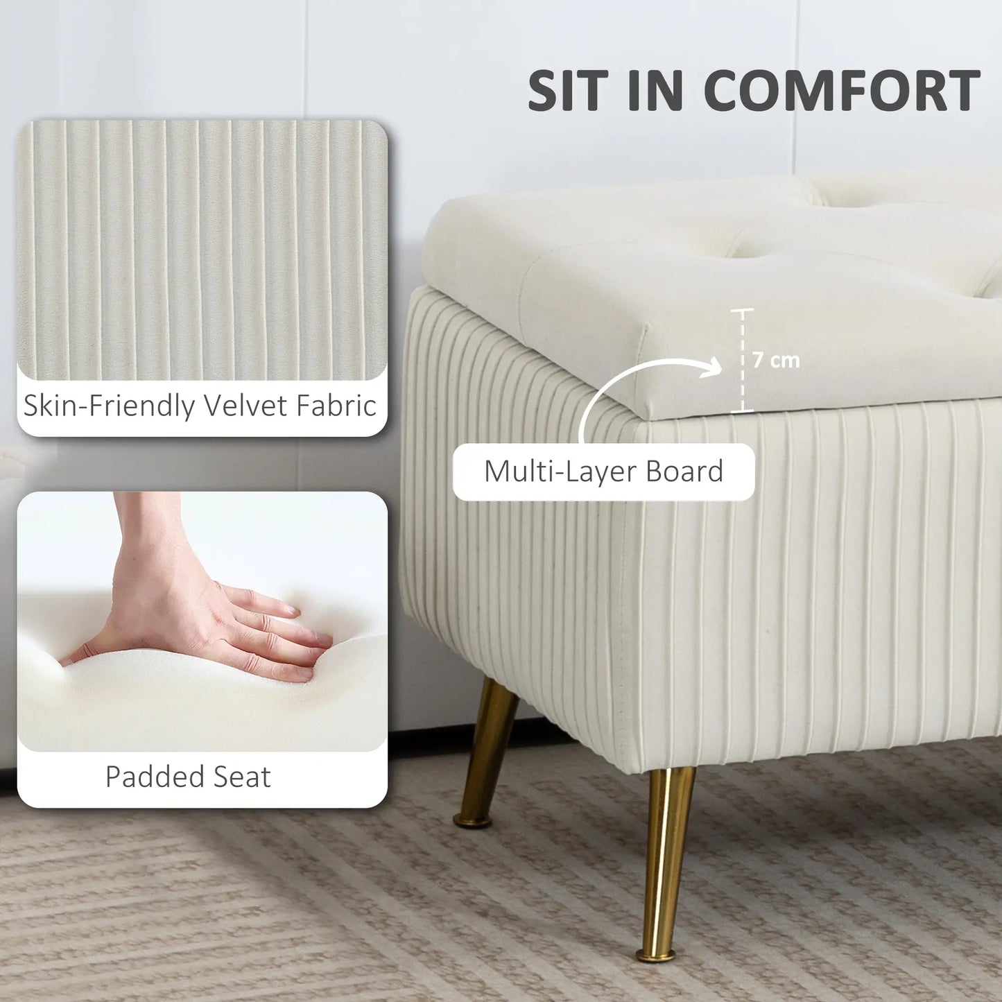 43 Inch Storage Ottoman Bench, Steel Legs, Padded Seat, Beige Storage Ottomans & Benches at Gallery Canada