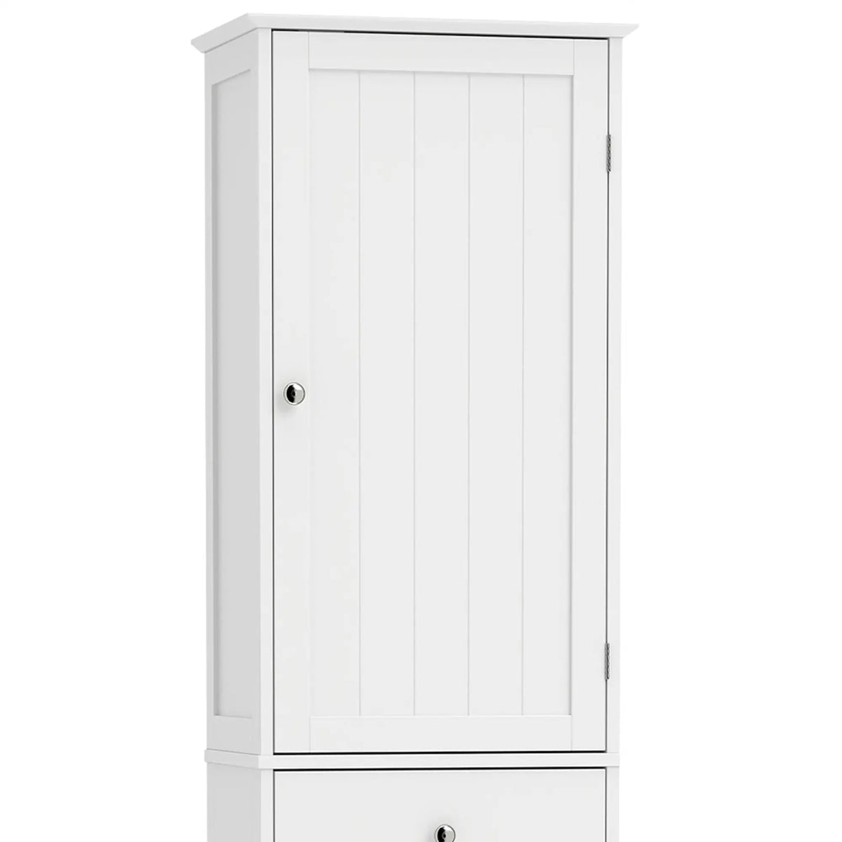 71" Tall Bathroom Storage Cabinet, Narrow with Laundry Basket, White