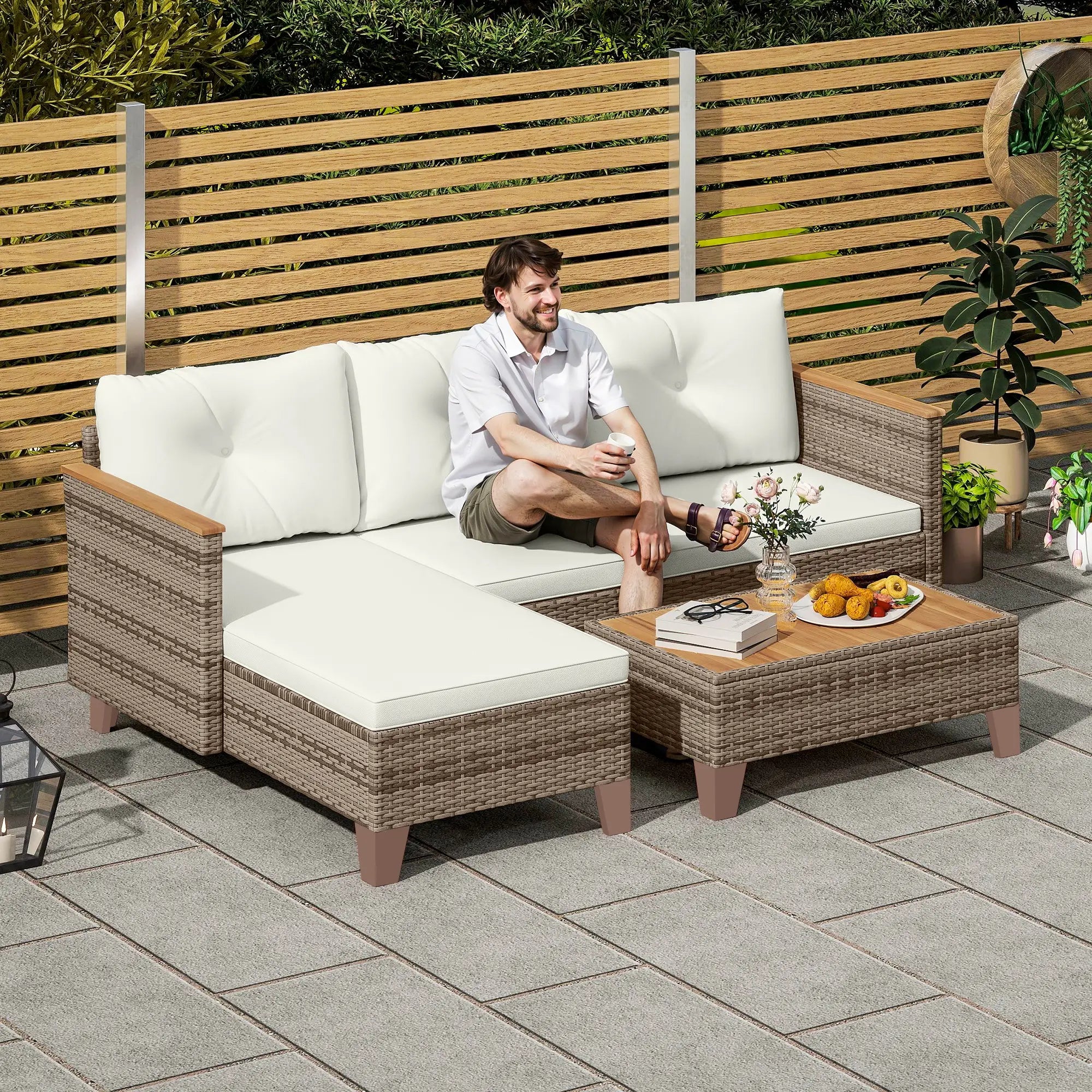 3 Piece L-Shaped Patio Furniture Set, Wood Top Coffee Table, Cream Patio Furniture Sets at Gallery Canada