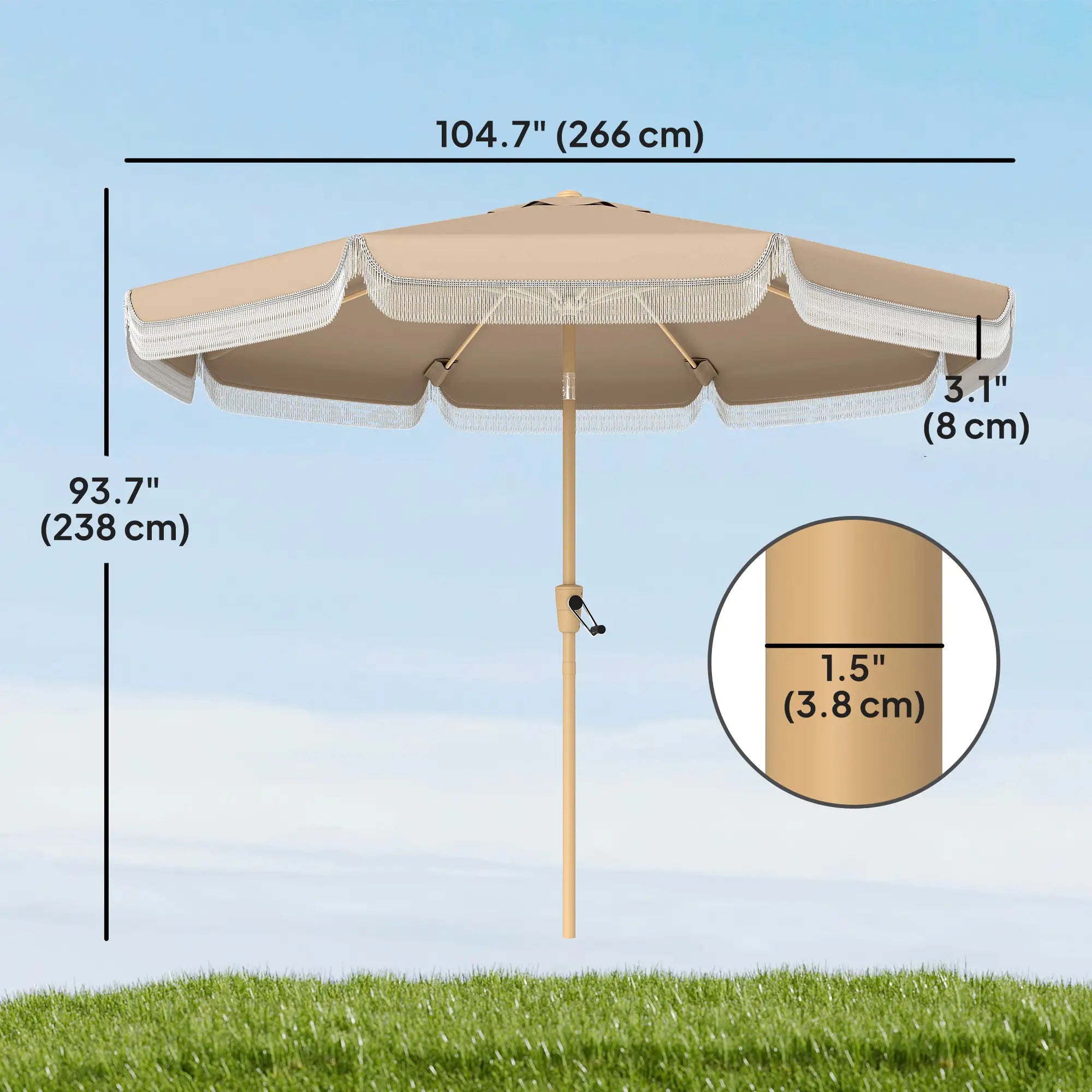 9 ft Patio Umbrella, Push Button Tilt Crank, Fringed Outdoor Market Table, Khaki Sun Umbrellas at Gallery Canada