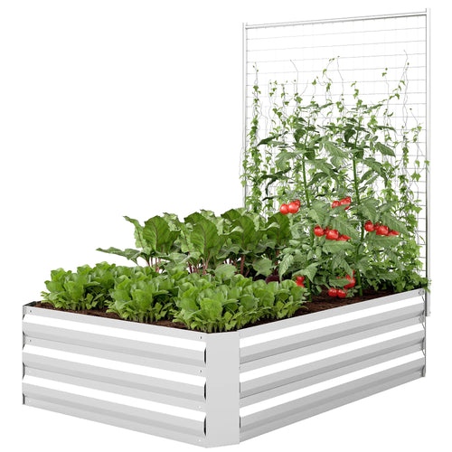 Galvanized Raised Garden Bed With Trellis, Planter Box, Open Bottom, Silver