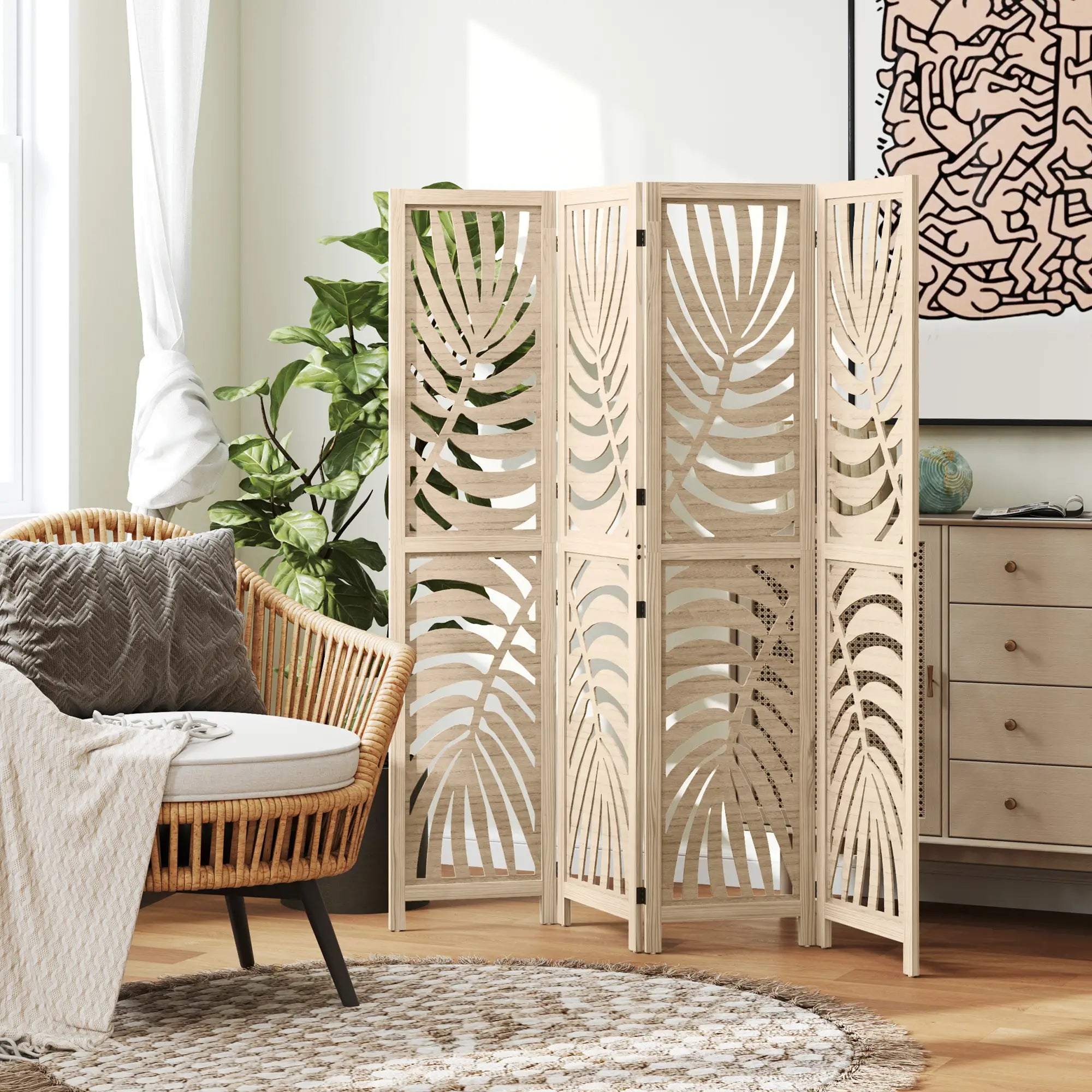 4 Panel Room Divider, Detachable Folding Privacy Screen, Palm Leaf Design, Natural Wood Finish Room Dividers at Gallery Canada