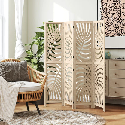 4 Panel Room Divider, Detachable Folding Privacy Screen, Palm Leaf Design, Natural Wood Finish Room Dividers at Gallery Canada