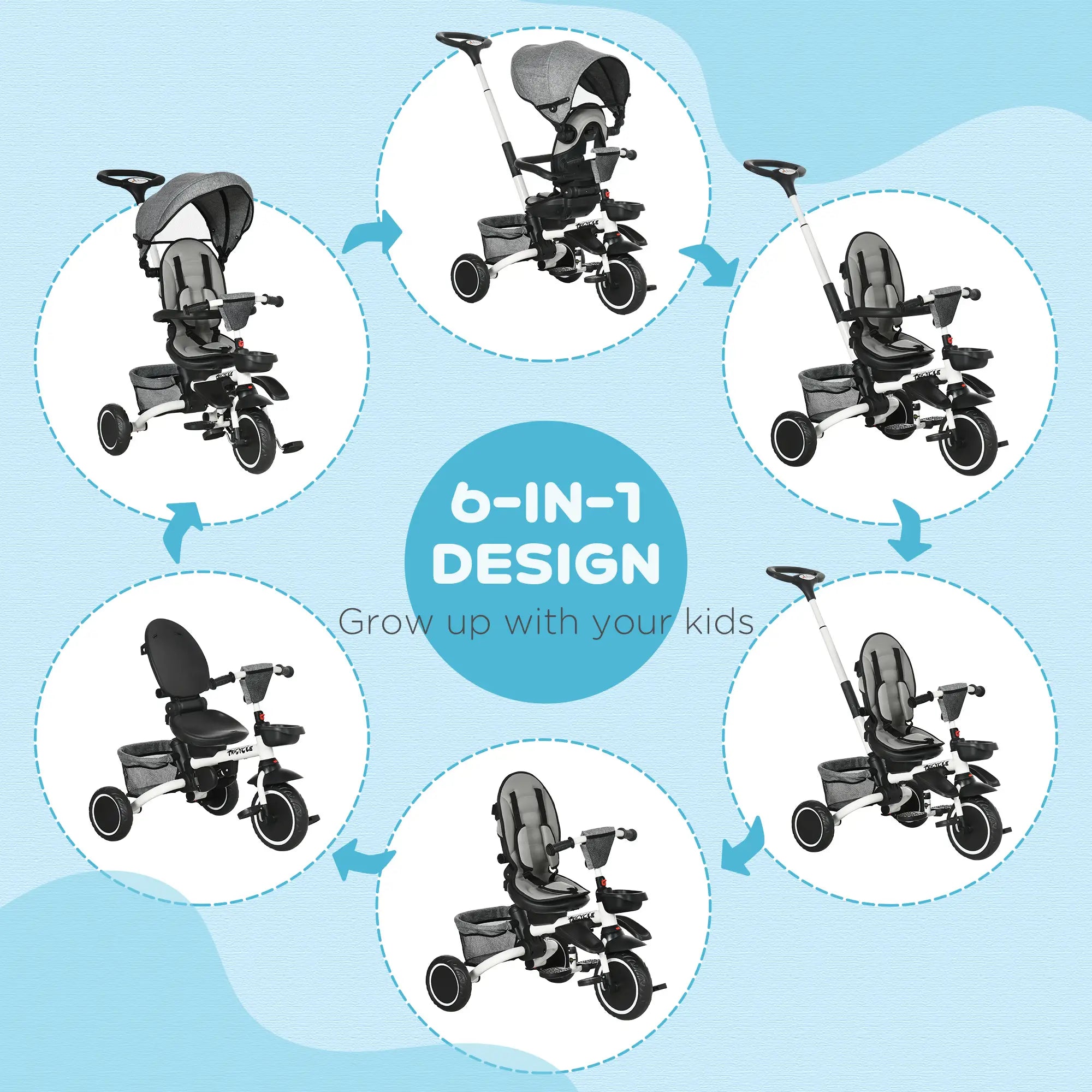 6-in-1 Toddler Tricycle, Adjustable Seat, Push Handle, Grey Tricycles for Kids at Gallery Canada