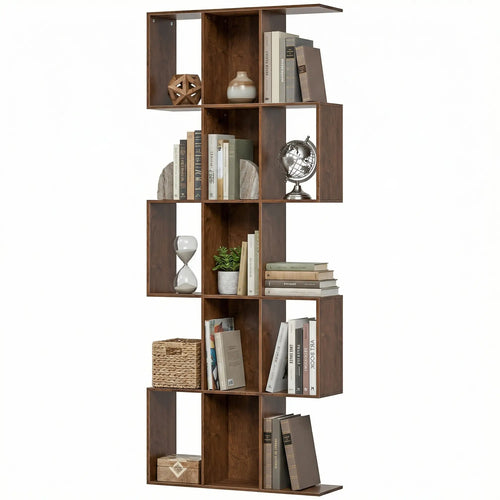 5-Tier S Shaped Geometric Bookshelf, 15 Compartments, Black Wood Grain, Black