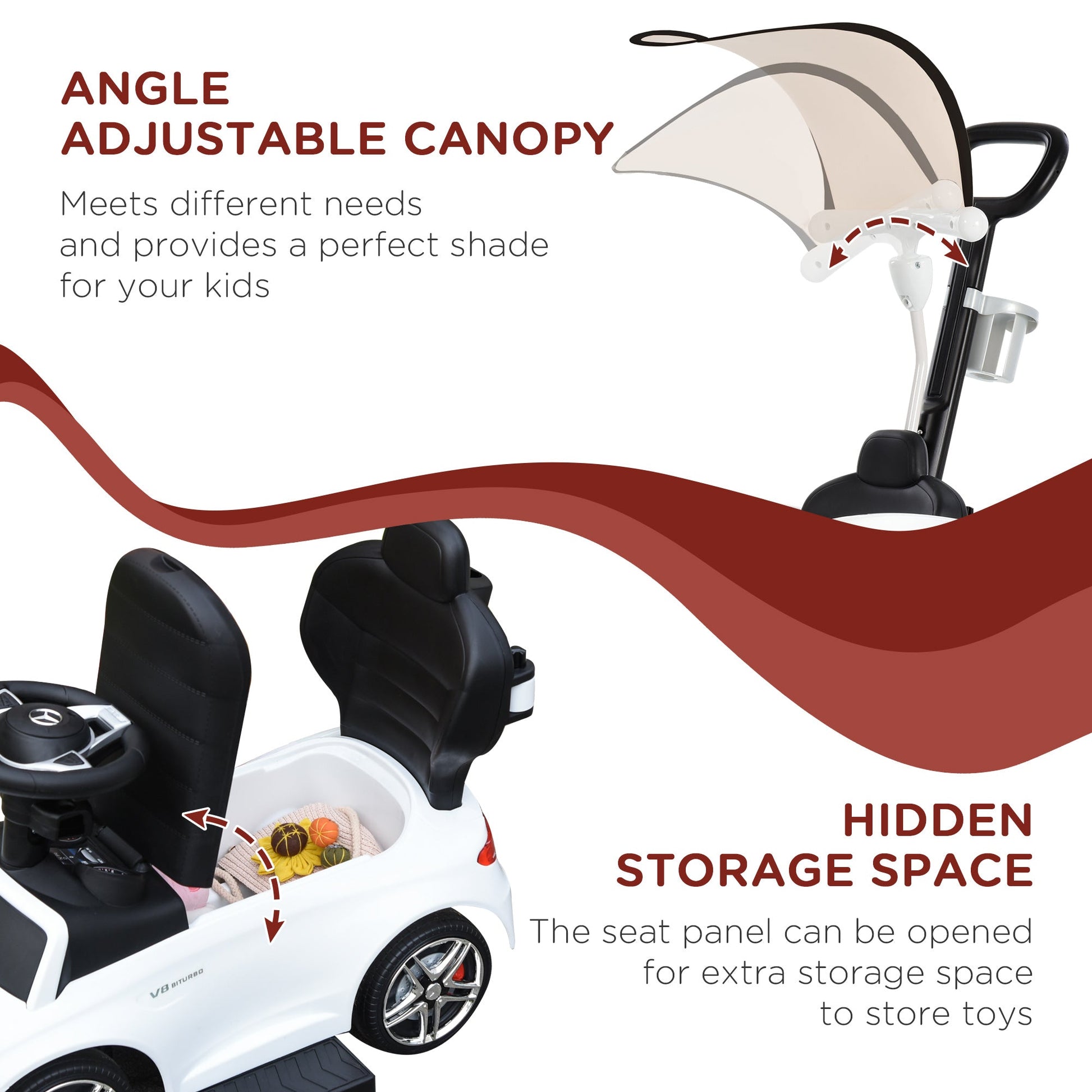 2 in 1 Push Car for Toddlers for 1-3 Years Old, Officially Licensed AMG C63 Baby Car, Kids Stroller Sliding Car with Sun Canopy Foot Rest Horn Sound Safety Bar Cup Holder, White - Gallery Canada