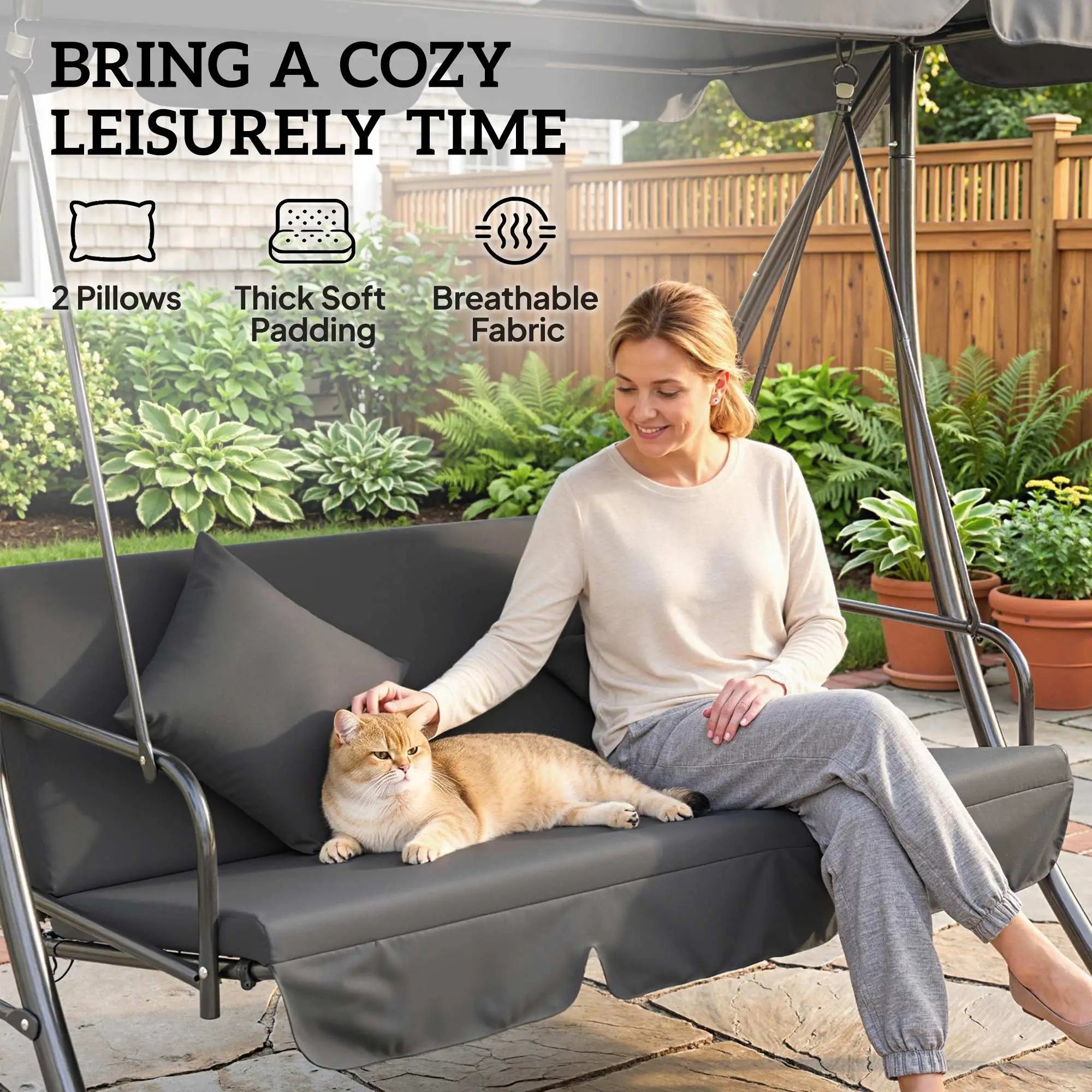 3-Person Patio Swing Chair Convertible Hammock, Dark Grey Patio Swings with Stand at Gallery Canada