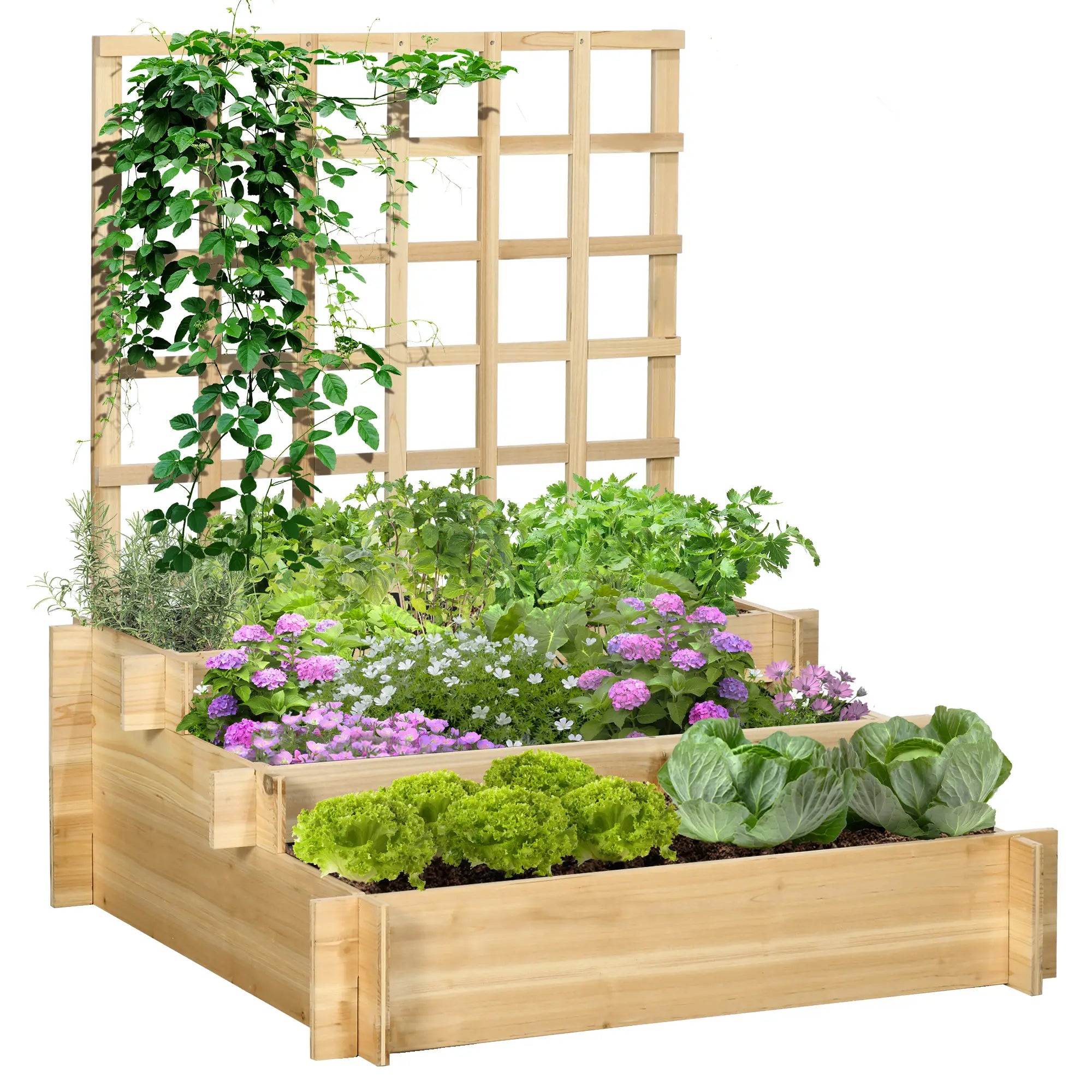 Wooden Elevated Planter Box with Trellis, 3 Tier Garden Bed, Outdoor, Natural Raised Garden Beds at Gallery Canada