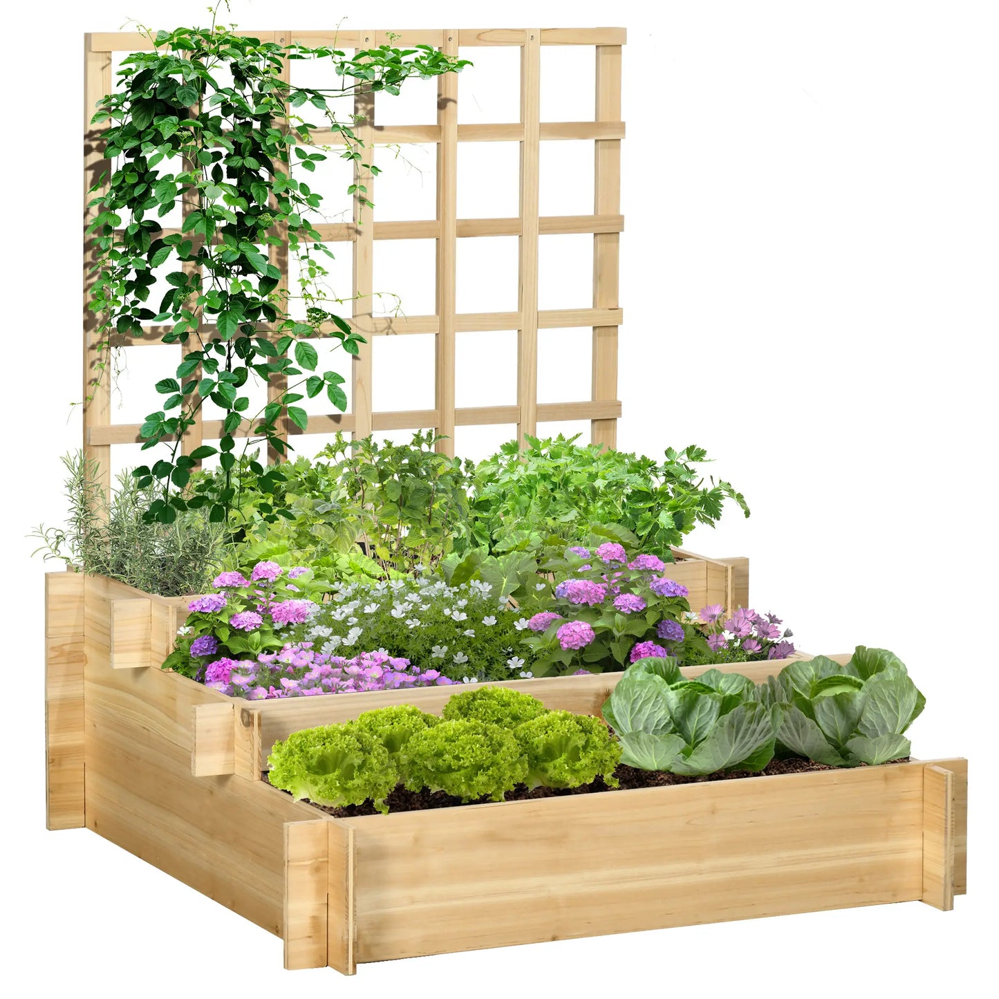 Wooden Elevated Planter Box with Trellis, 3 Tier Garden Bed, Outdoor, Natural Raised Garden Beds at Gallery Canada