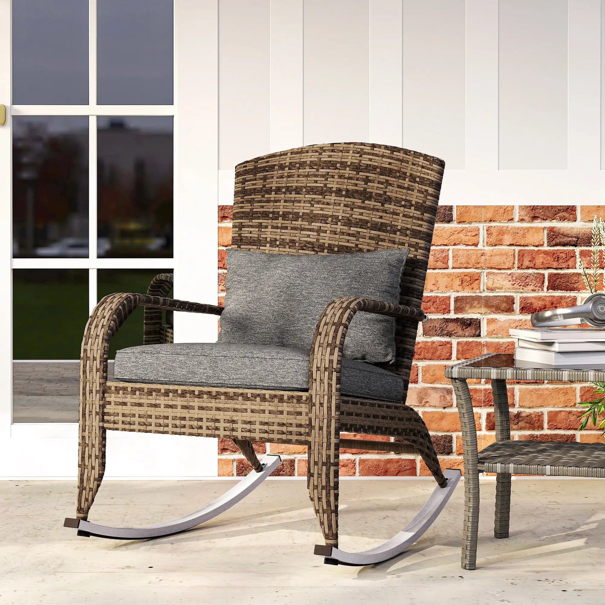 Outdoor Wicker Rocking Chair, High Back, Seat Cushion, Pillow, Grey/Yellow Outdoor Rocking Chairs at Gallery Canada