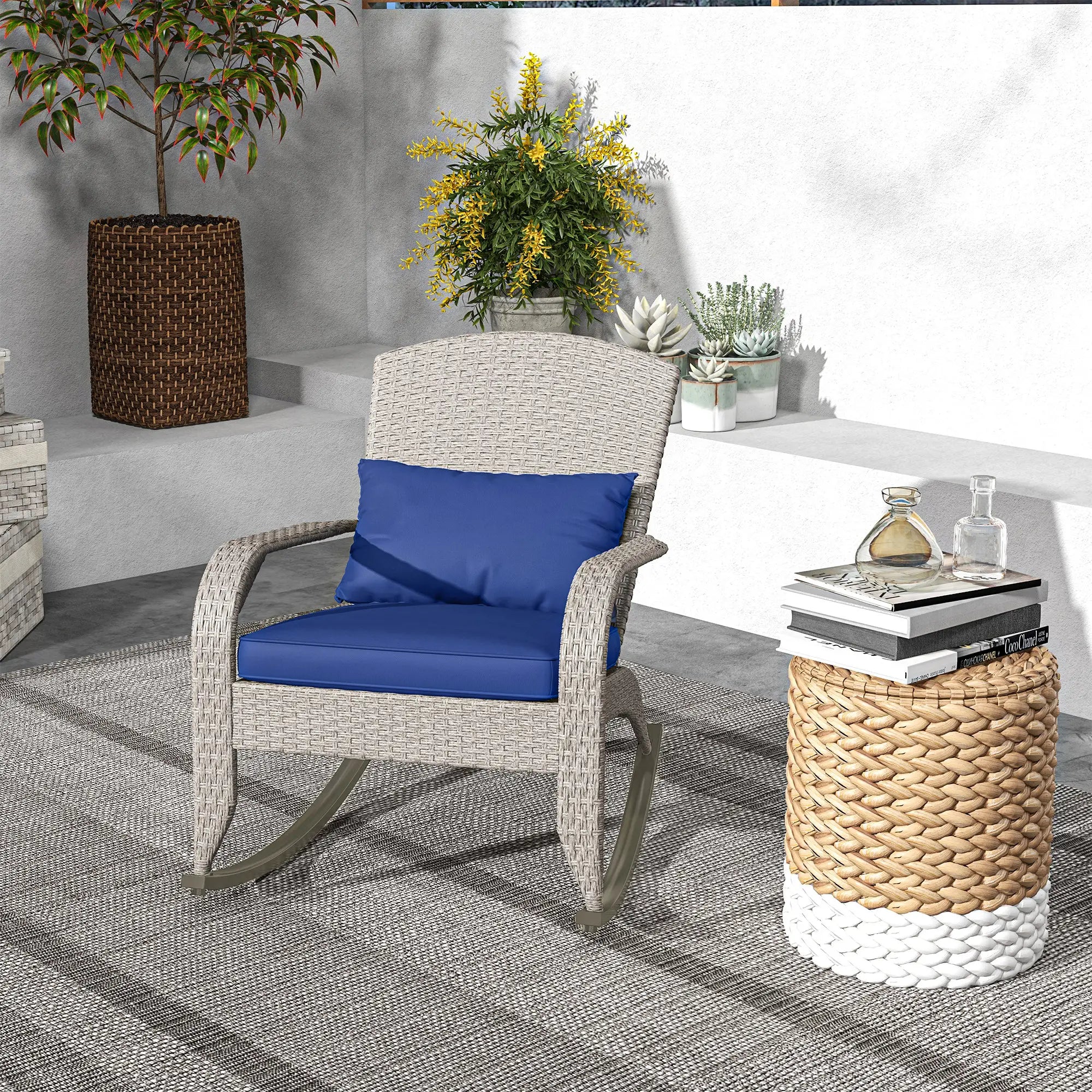 Outdoor Wicker Rocking Chair With Cushion, Dark Blue Patio Chairs at Gallery Canada