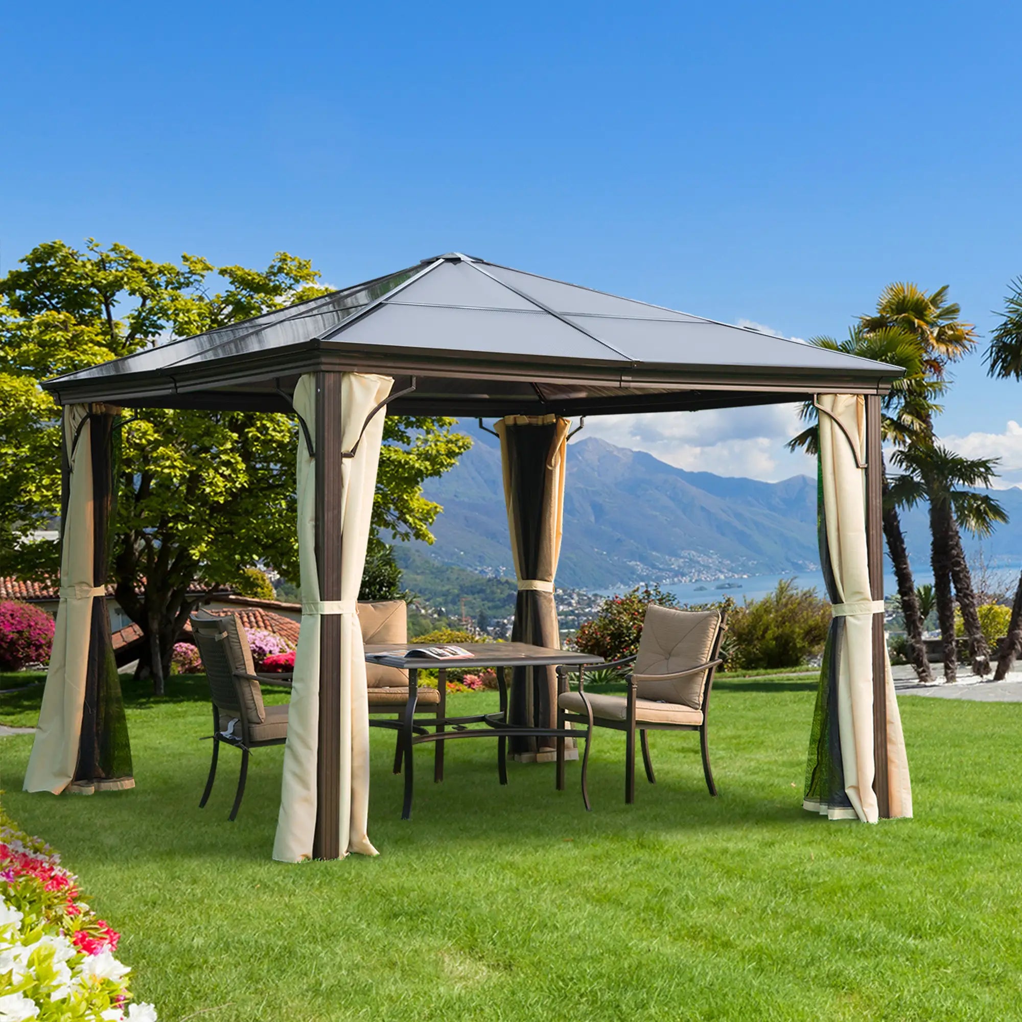 10x10 Ft Hard Top Gazebo, Heavy Duty Canopy, Sun Shade, Coffee, Beige Gazebos at Gallery Canada
