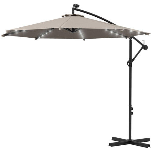 10ft Outdoor Cantilever Umbrella, Solar Lights, Adjustable Angle, Khaki