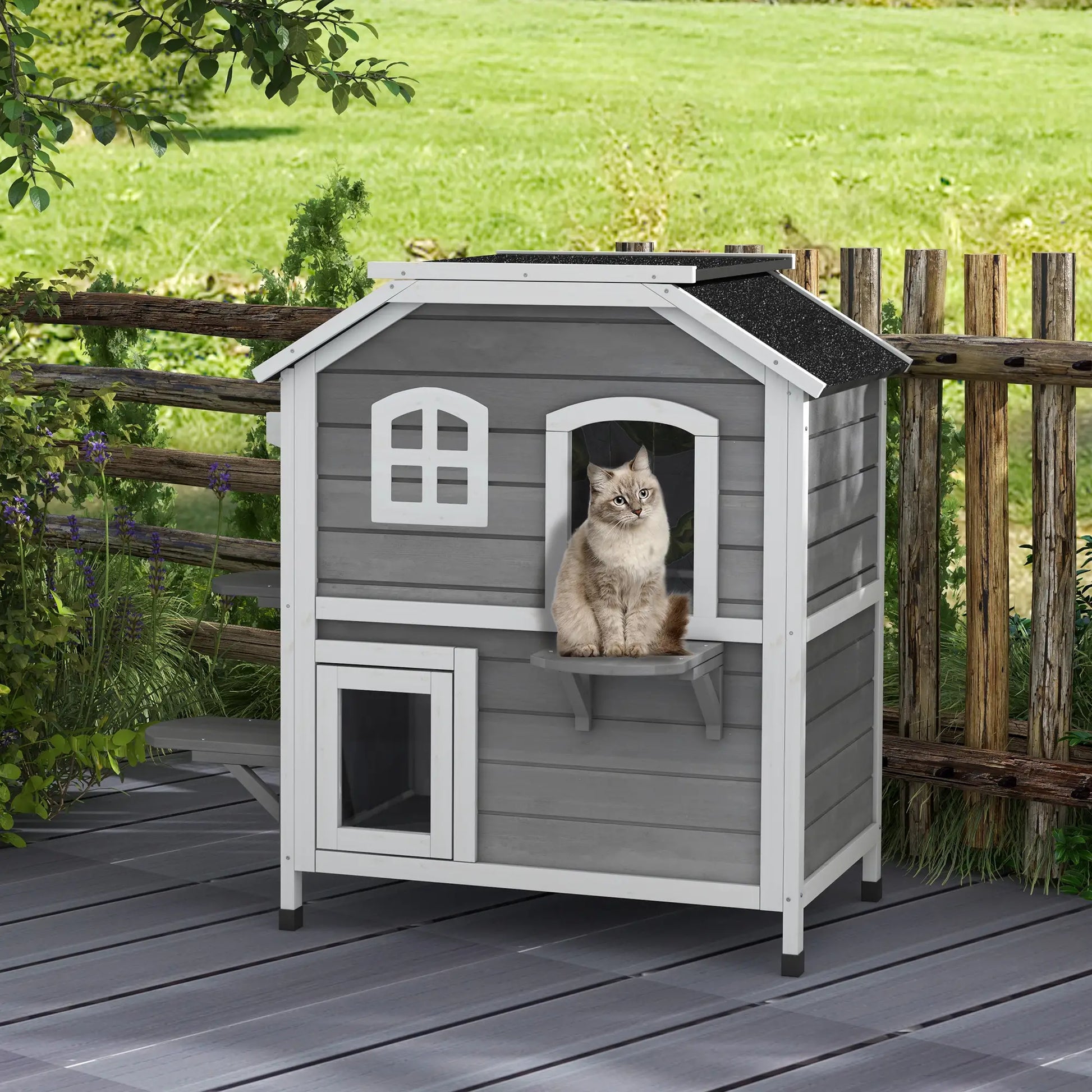 2-Storey Outdoor Cat House, Wooden Catio, Openable Roof, Grey Cat Houses at Gallery Canada