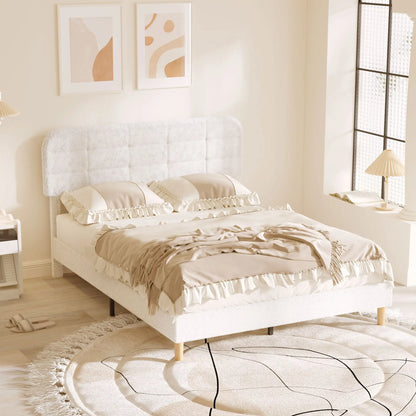 Queen Size Upholstered Platform Bed Frame, Adjustable Headboard, White