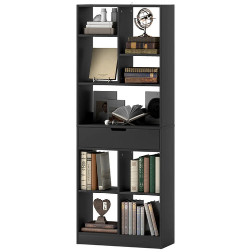 Tall Bookshelf with Drawer, Freestanding Bookcase, Black