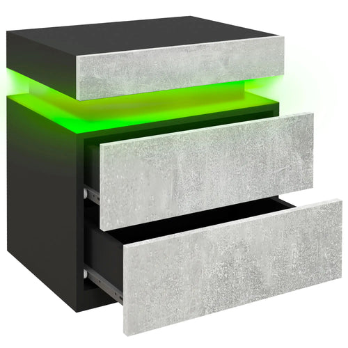 Nightstand, LED Lights, 2 Drawers, Cement Grey