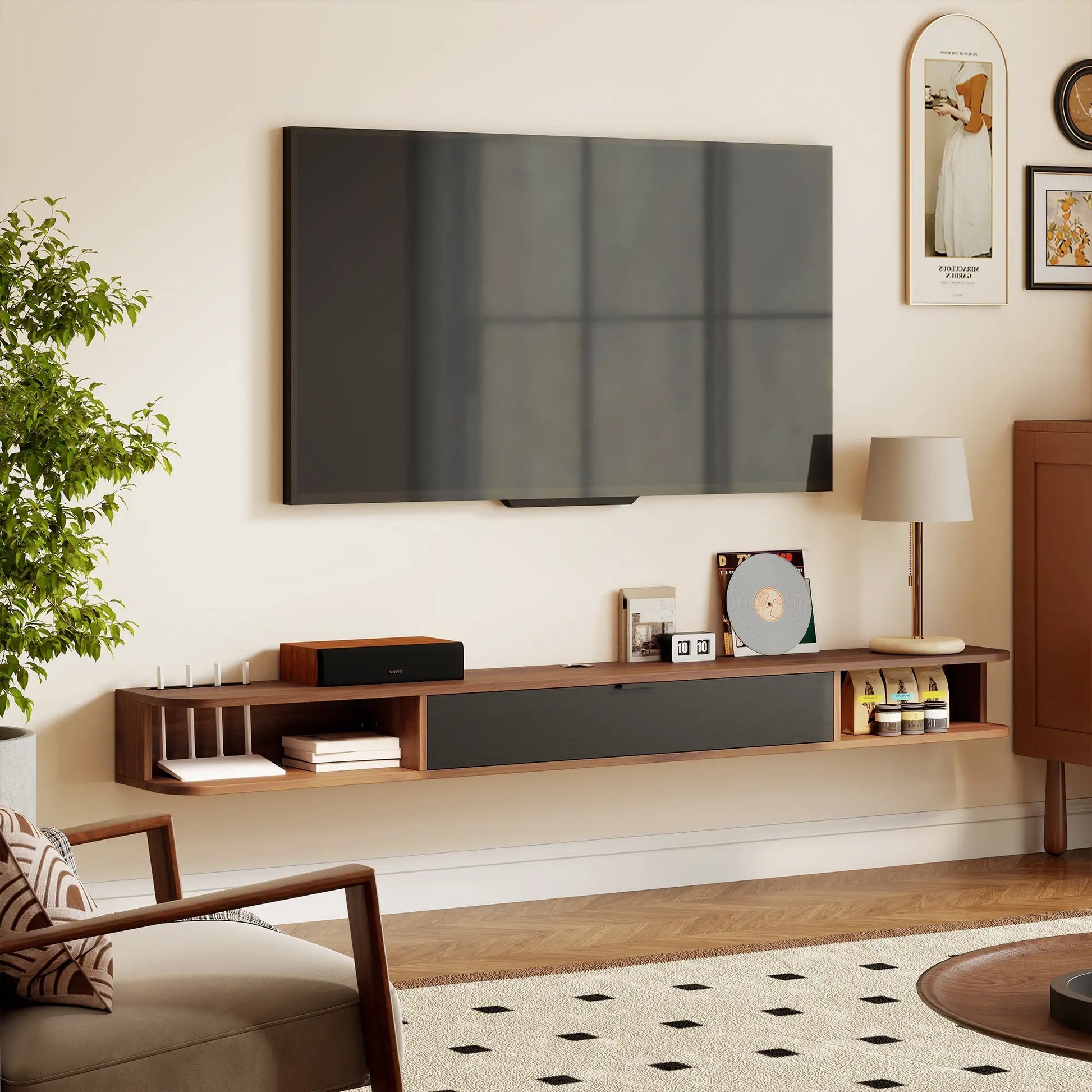 71" Floating TV Stand, Wall Mounted Media Console, Flip Drawer, 2 Open Shelves, Walnut TV Stands at Gallery Canada