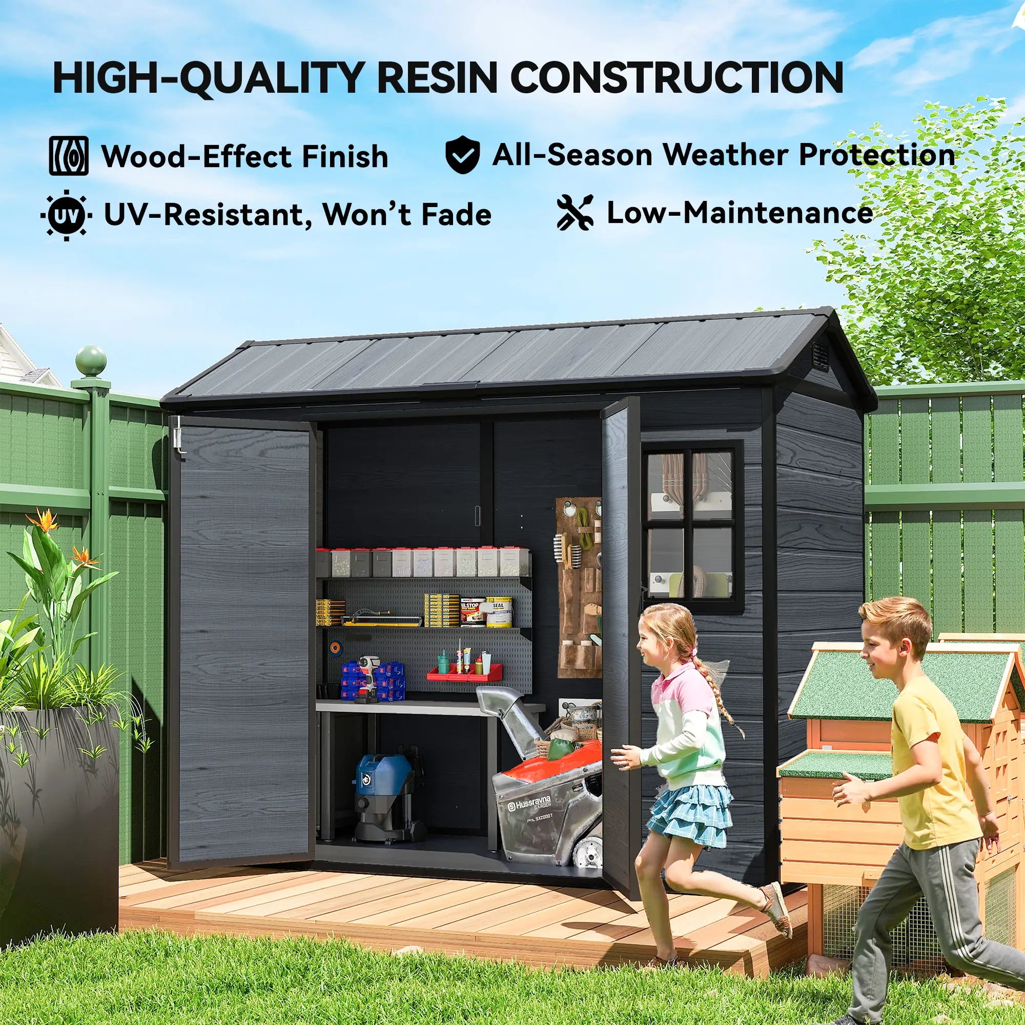8 x 4 ft Dark Grey Resin Garden Shed, Wood-Effect Outdoor Storage, Dark Grey Sheds at Gallery Canada