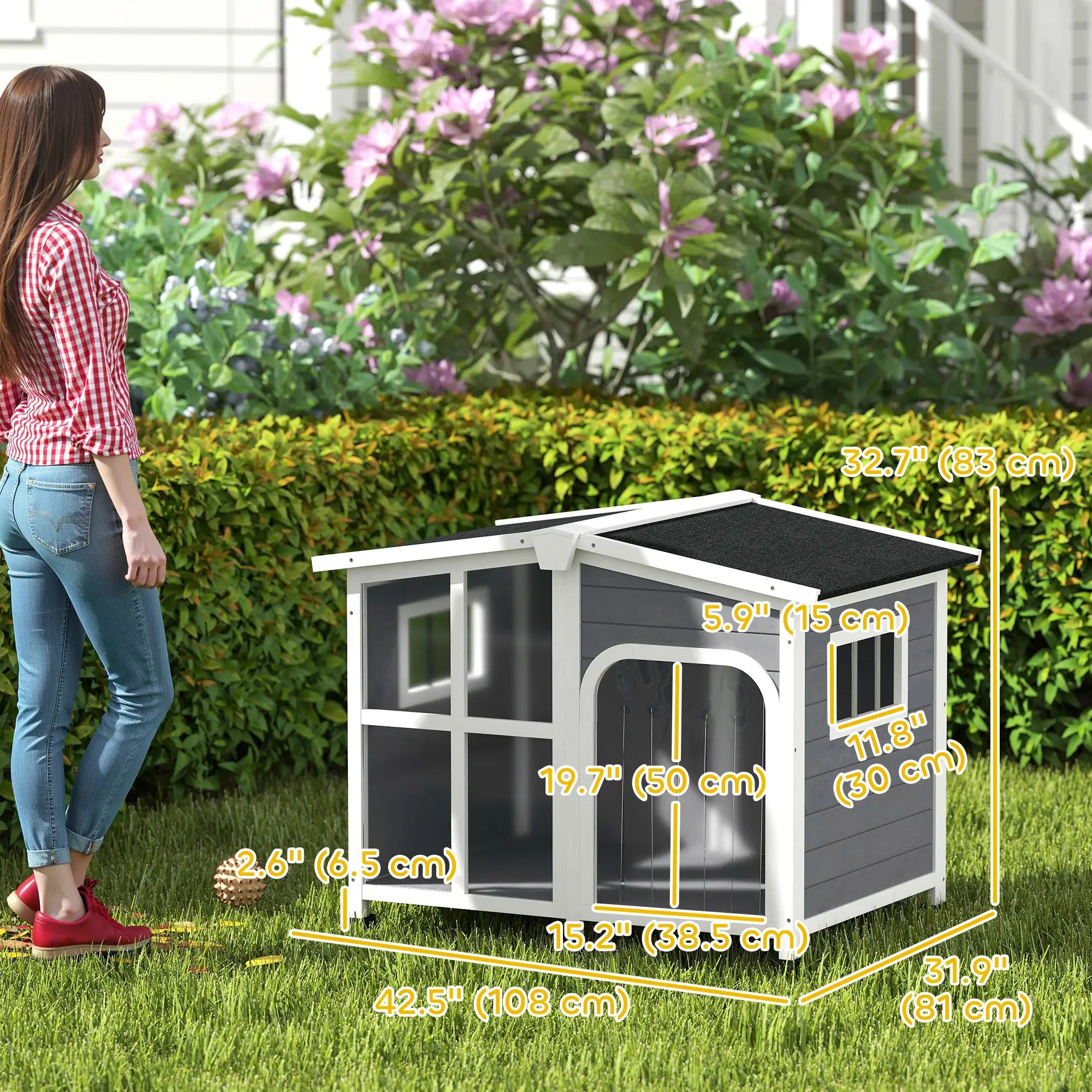 Wooden Dog House, Raised Kennel, Removable Bottom, Asphalt Roof, Dark Grey Houses, Kennels & Pens at Gallery Canada