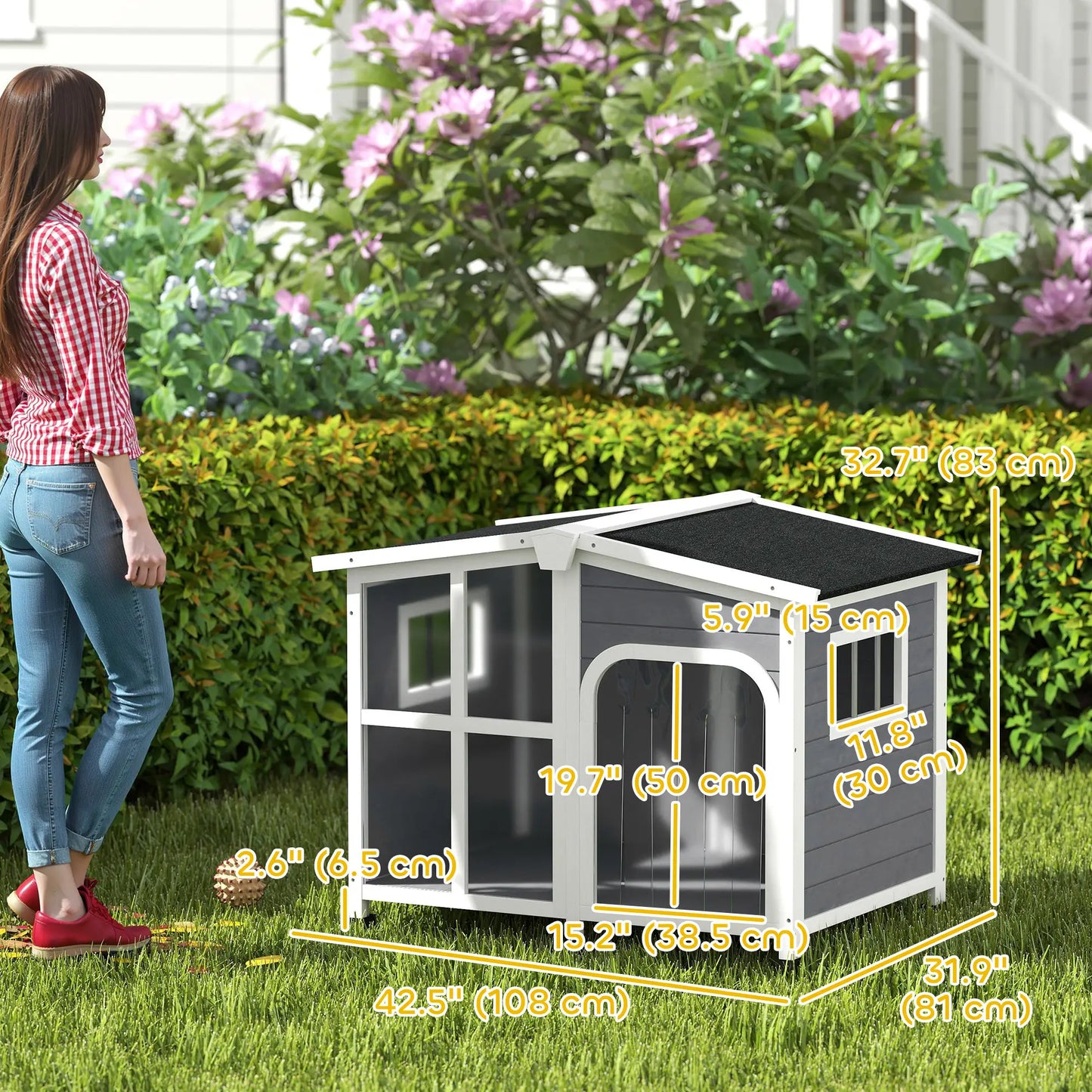Wooden Dog House, Raised Kennel, Removable Bottom, Asphalt Roof, Dark Grey Houses, Kennels & Pens at Gallery Canada