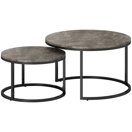 Modern Coffee Table Set of 2, Nesting Side Tables, Metal Base, Faux Marbled Grey, Grey