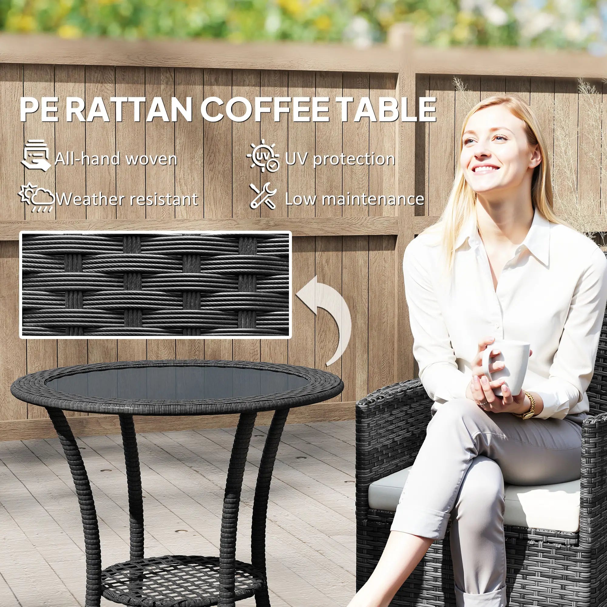 Outdoor Rattan Dining Table, Round Coffee Table with 2-Tier Shelf, Black Patio Dinning Tables at Gallery Canada