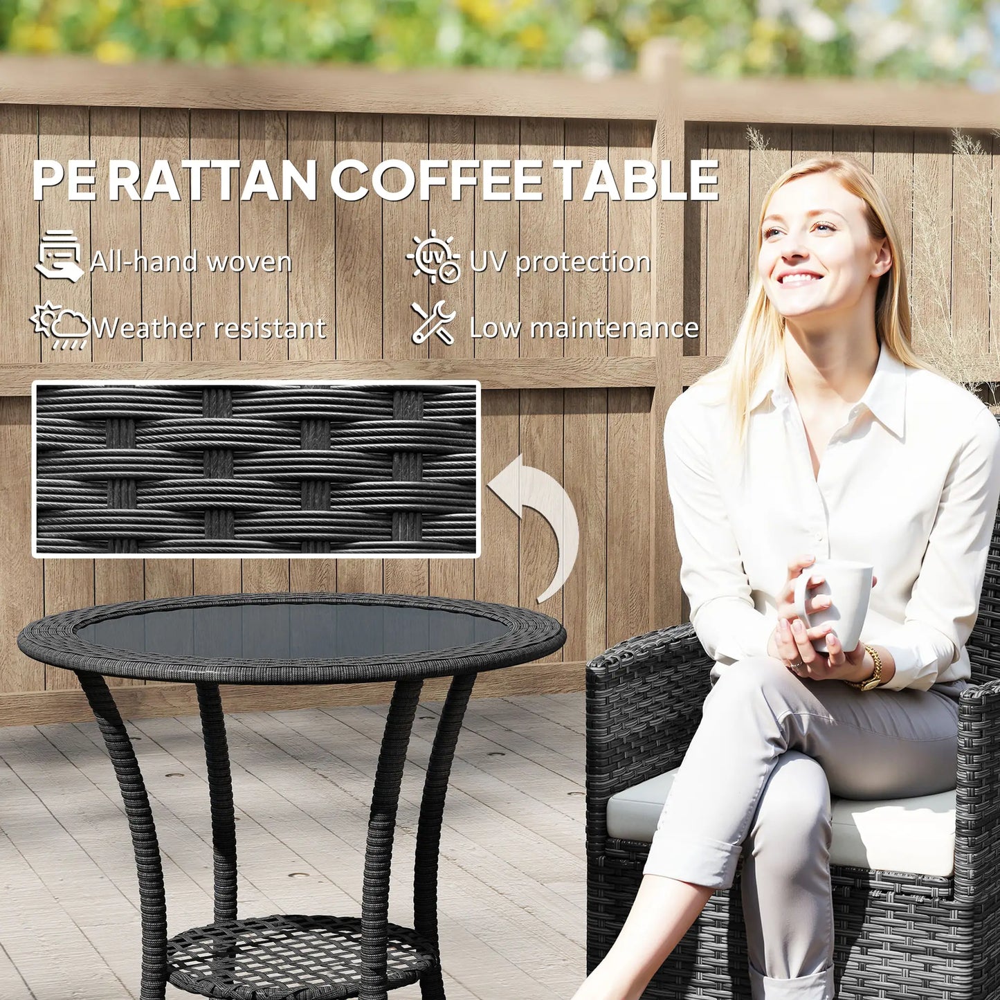Outdoor Rattan Dining Table, Round Coffee Table with 2-Tier Shelf, Black Patio Dinning Tables at Gallery Canada