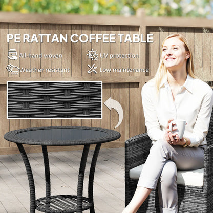 Outdoor Rattan Dining Table, Round Coffee Table with 2-Tier Shelf, Black Patio Dinning Tables at Gallery Canada