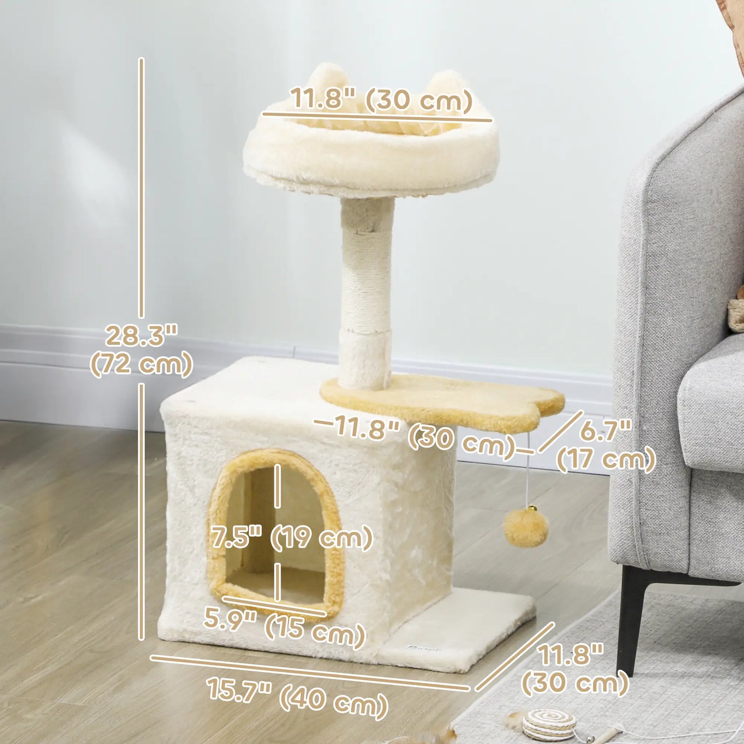 28 Inch Cat Tree Tower with Plush Bed, Condo, Sisal Post, Perch, Dangling Ball, Beige and Yellow Cat Posts at Gallery Canada