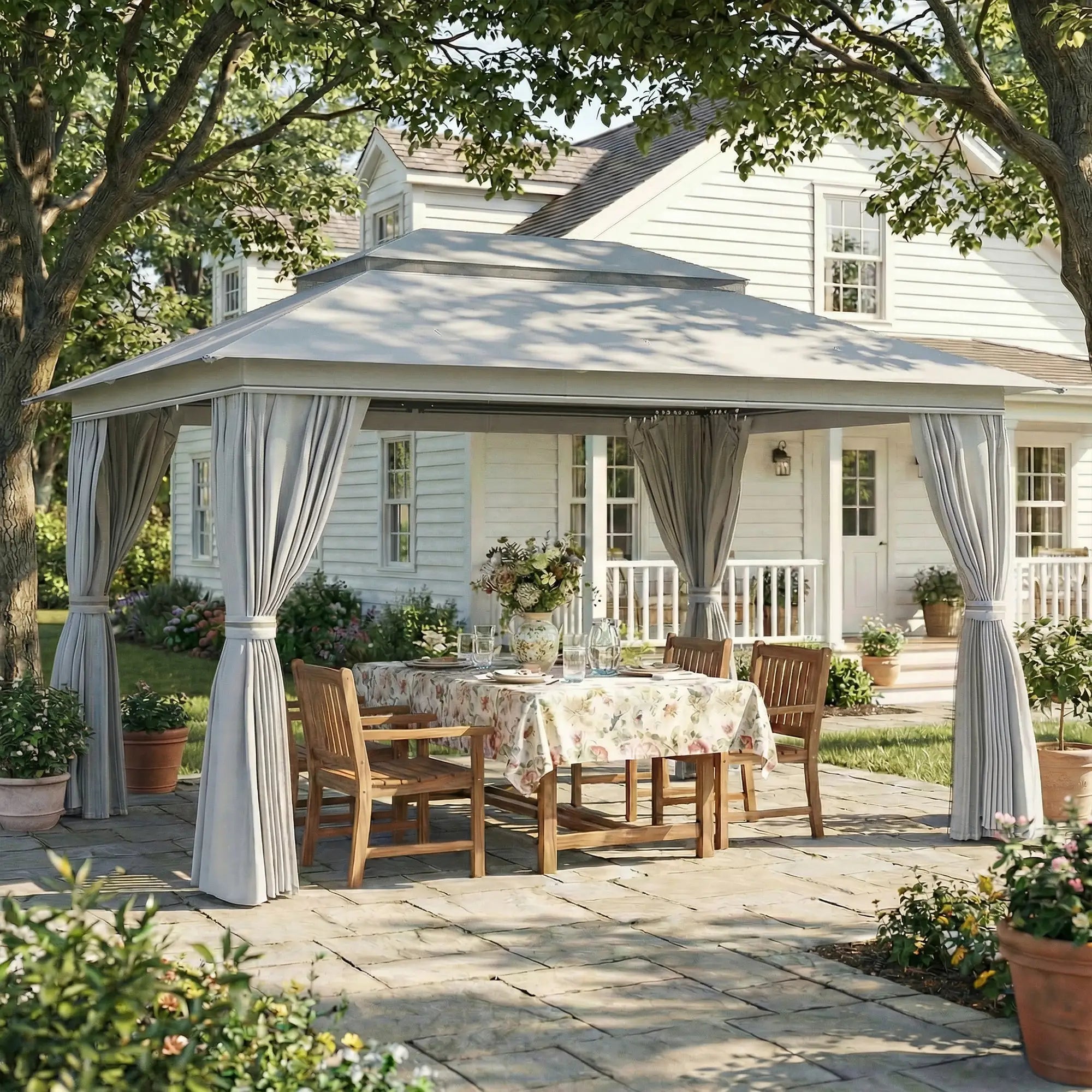 10' x 13' Patio Gazebo, UPF50+ Double Roof, Steel Frame, Dark Grey Gazebos at Gallery Canada