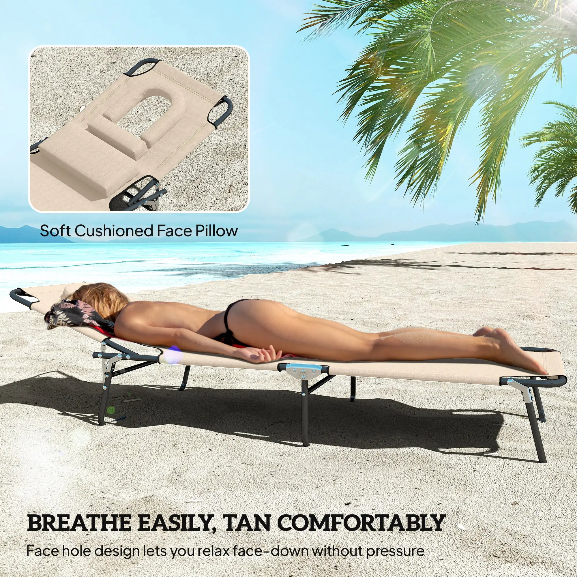 Outdoor Lounge Chair, Adjustable Backrest, Face Hole, Support Pillow, Beige Lounger Chairs at Gallery Canada