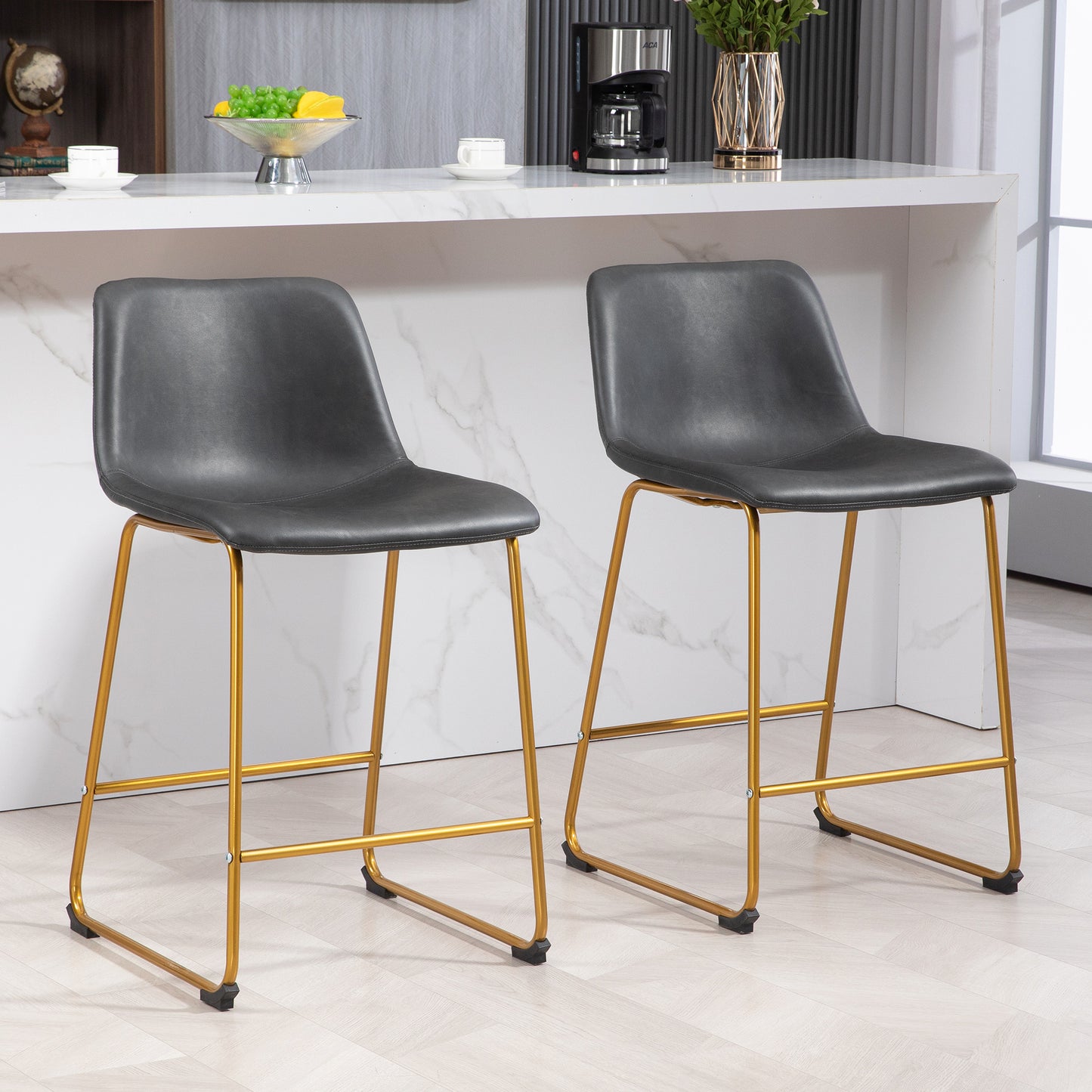 Counter Height Stools Set of 2, PU Leather Upholstered Stools for Kitchen Island, Modern Bar Chairs, Dark Grey at Gallery Canada
